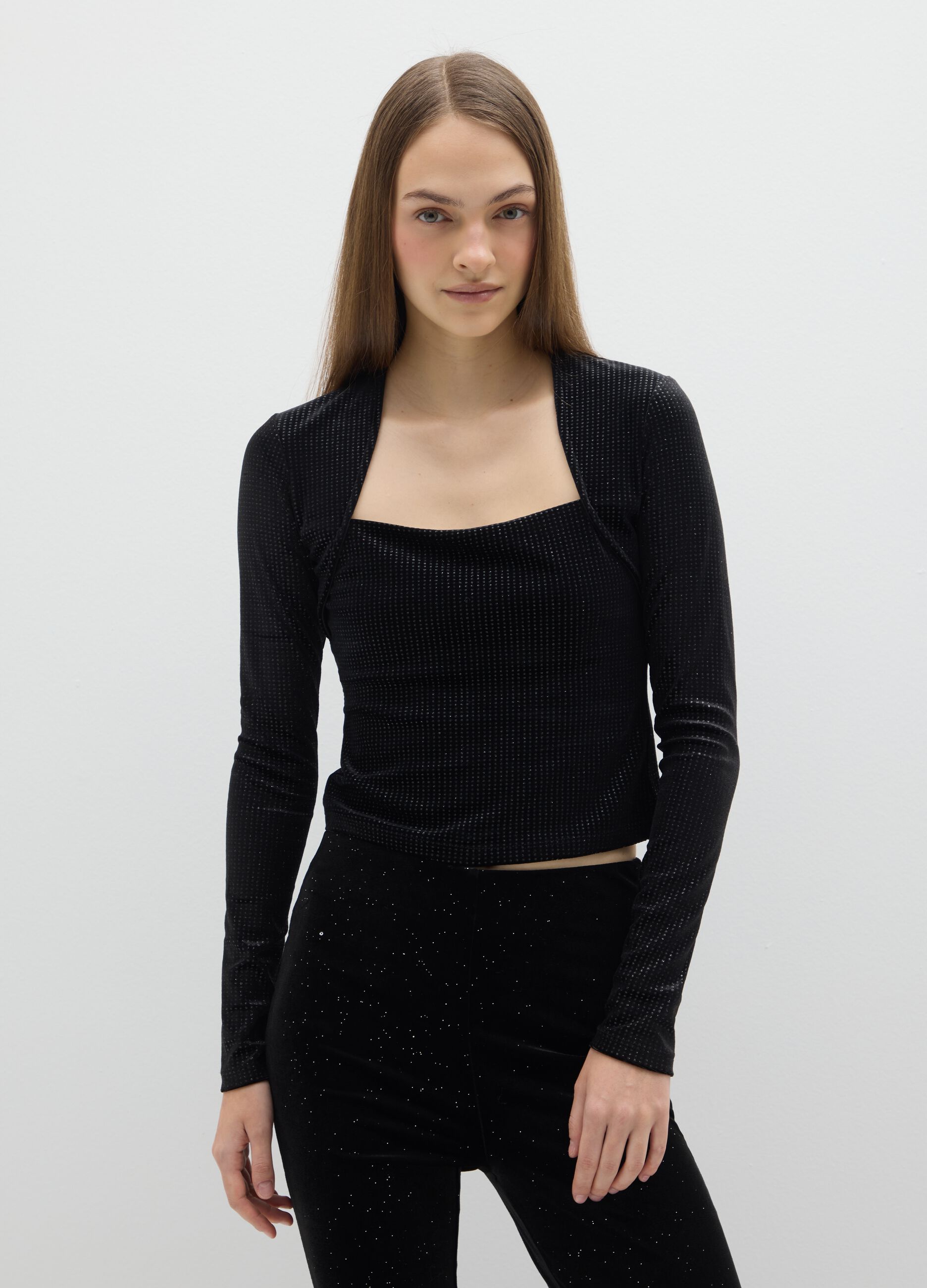 Black long-sleeve shirt regular fit with square neckline and rhinestones