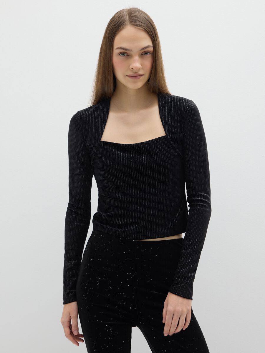 Black long-sleeve shirt regular fit with square neckline and rhinestones_0