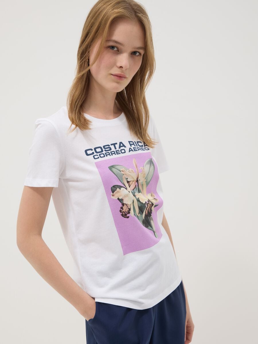 White pure cotton T-shirt with front print_2