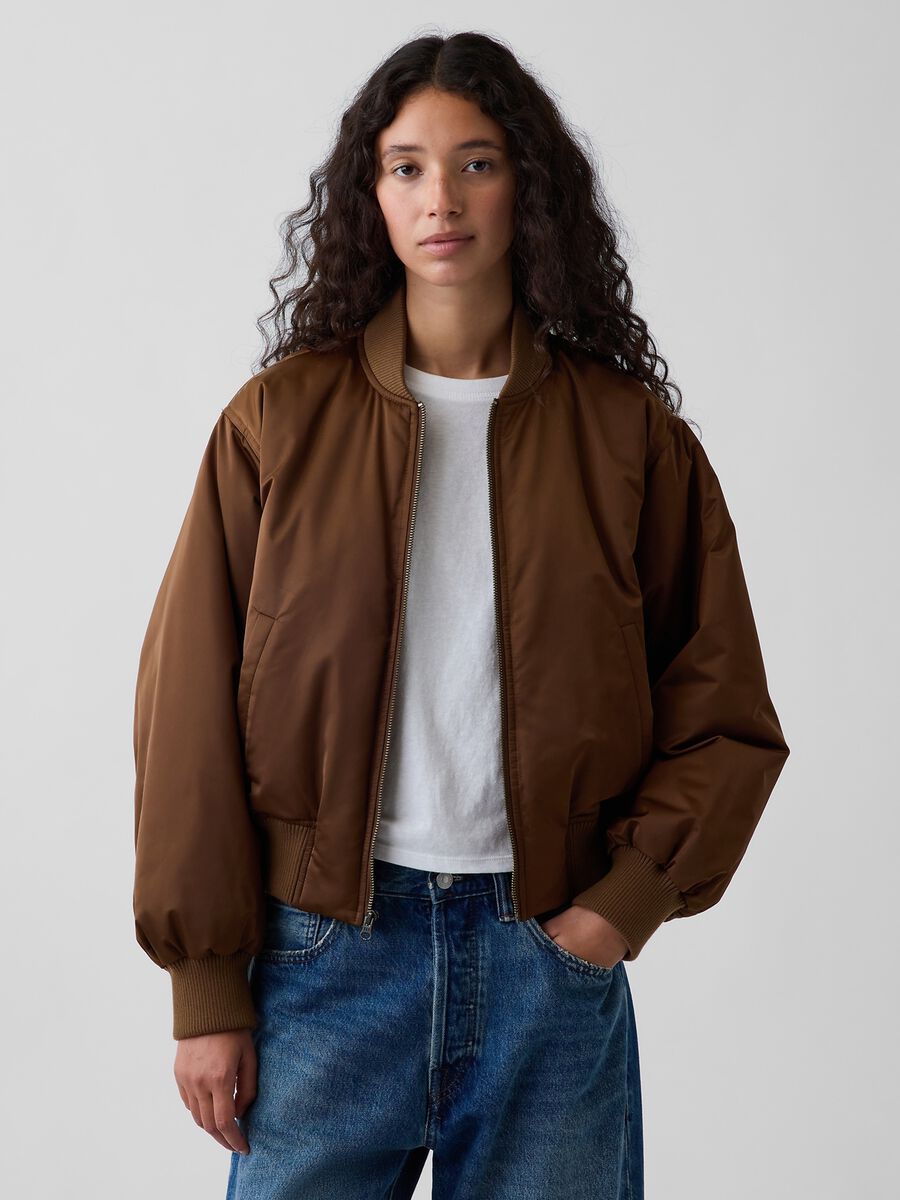 Light brown bomber jacket with zip and ribbed cuffs_1