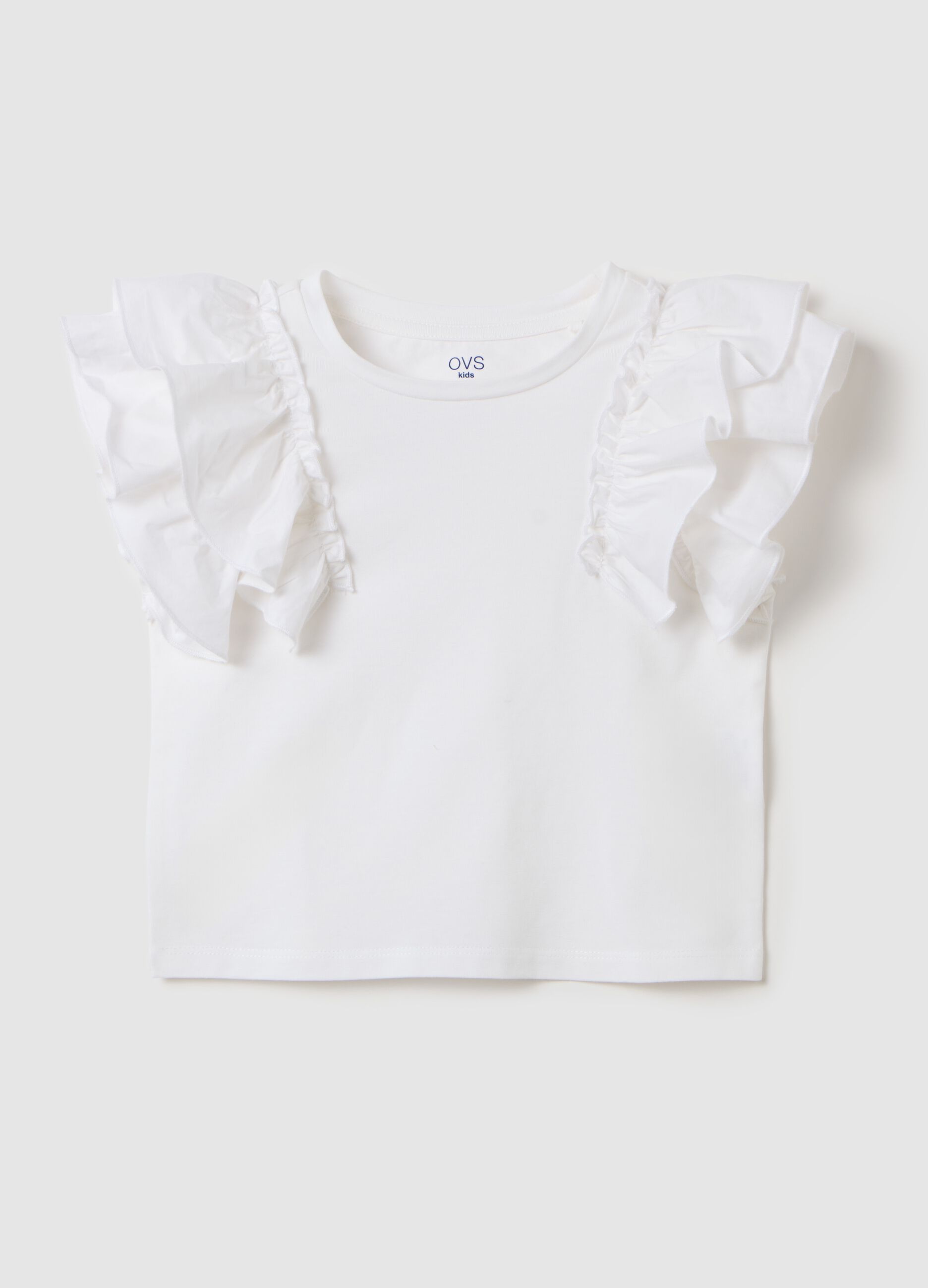 White short-sleeved T-shirt with flounces