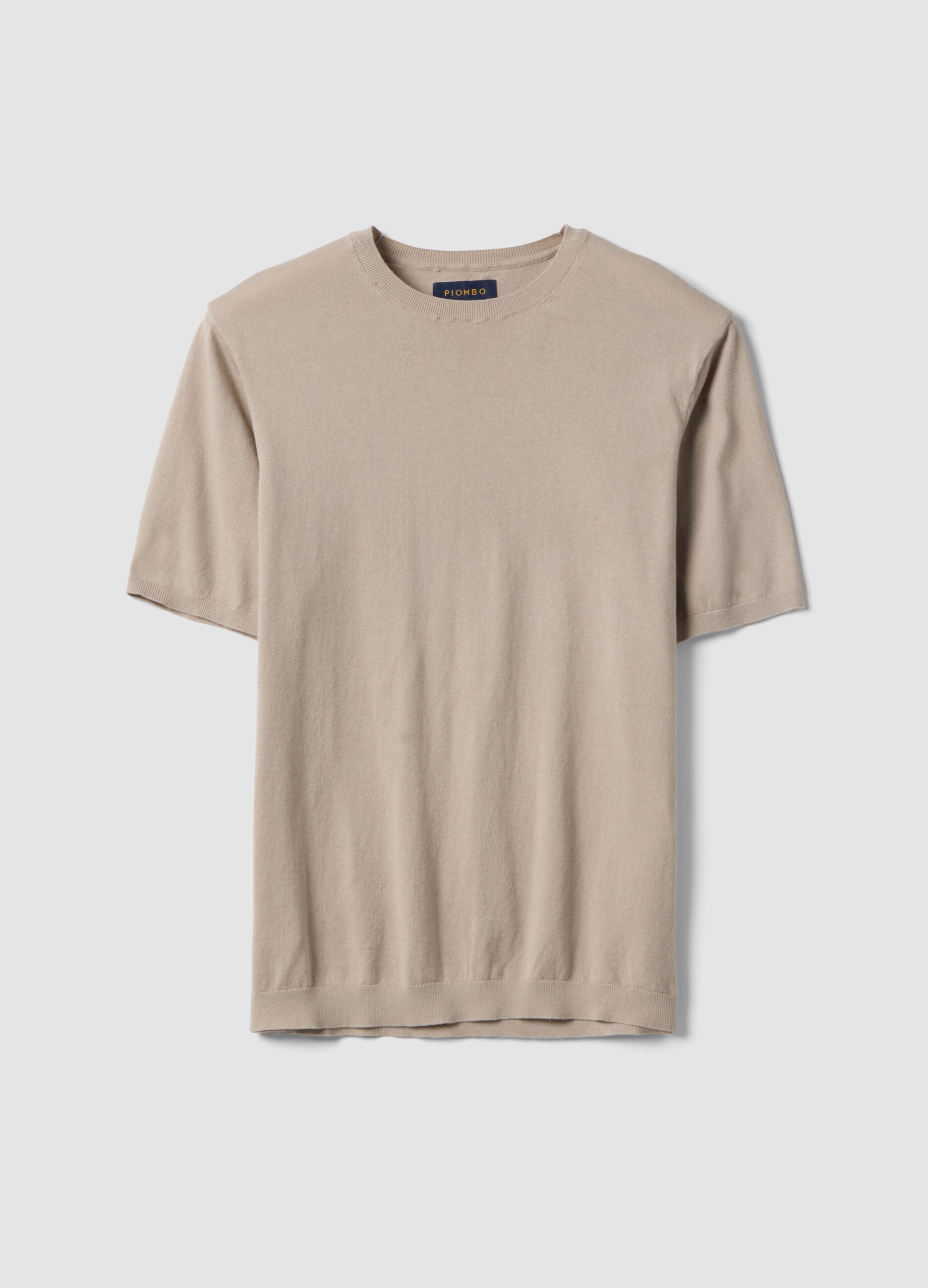 Short-sleeve beige cotton, linen, and silk blend regular fit t-shirt
