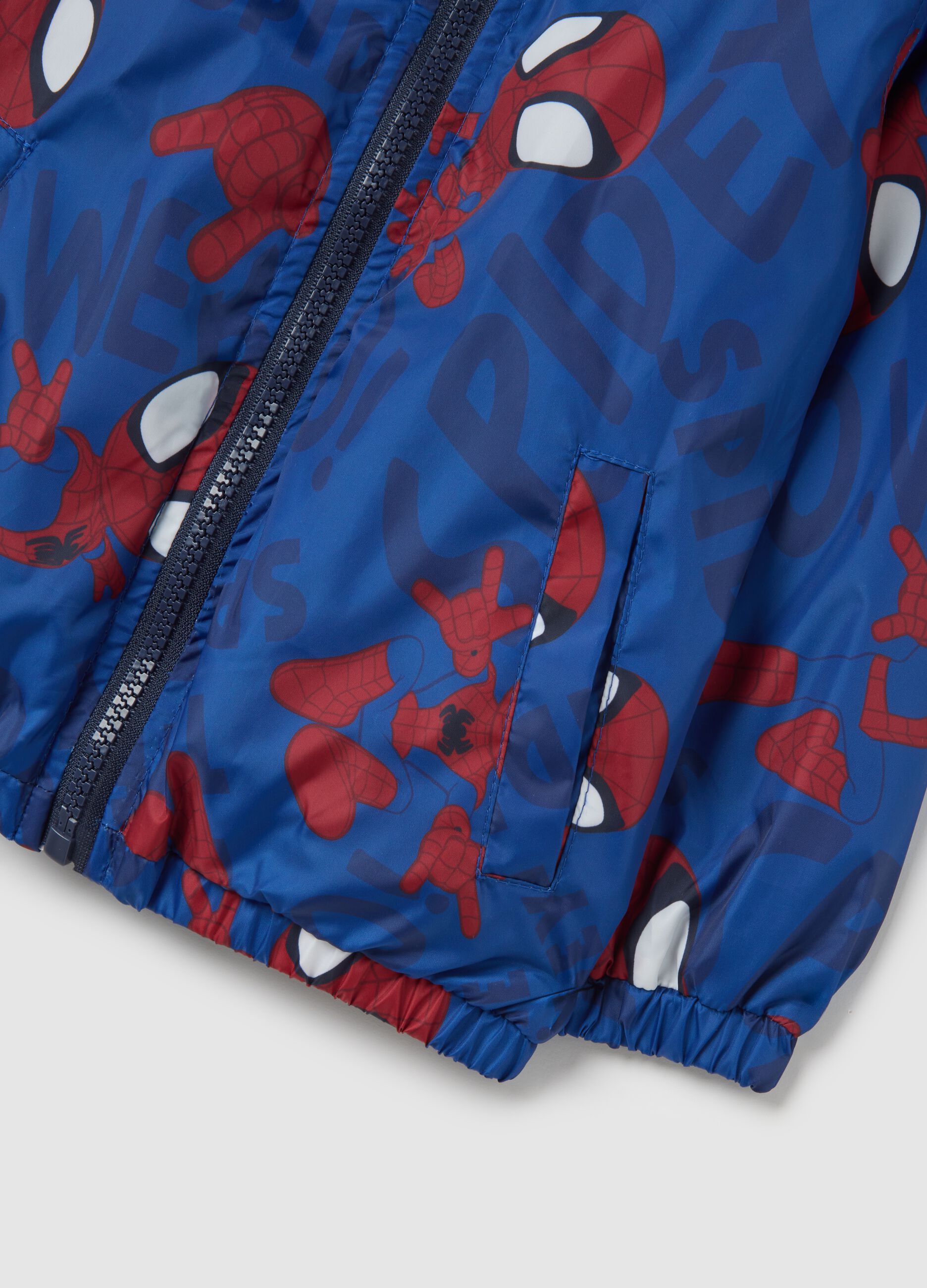 Blue padded children's jacket with zip and Spider-Man print