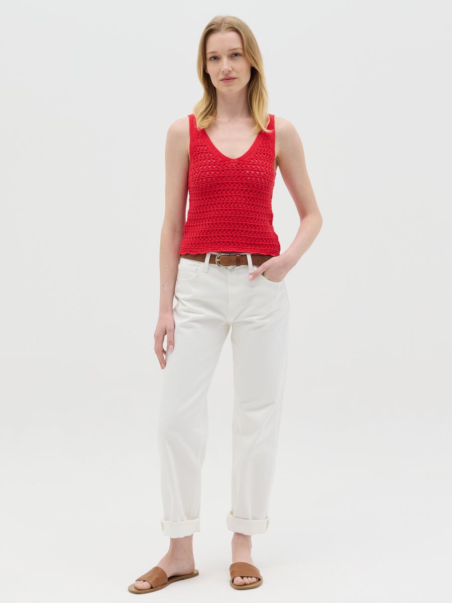 Red crochet tank top with V neck_0