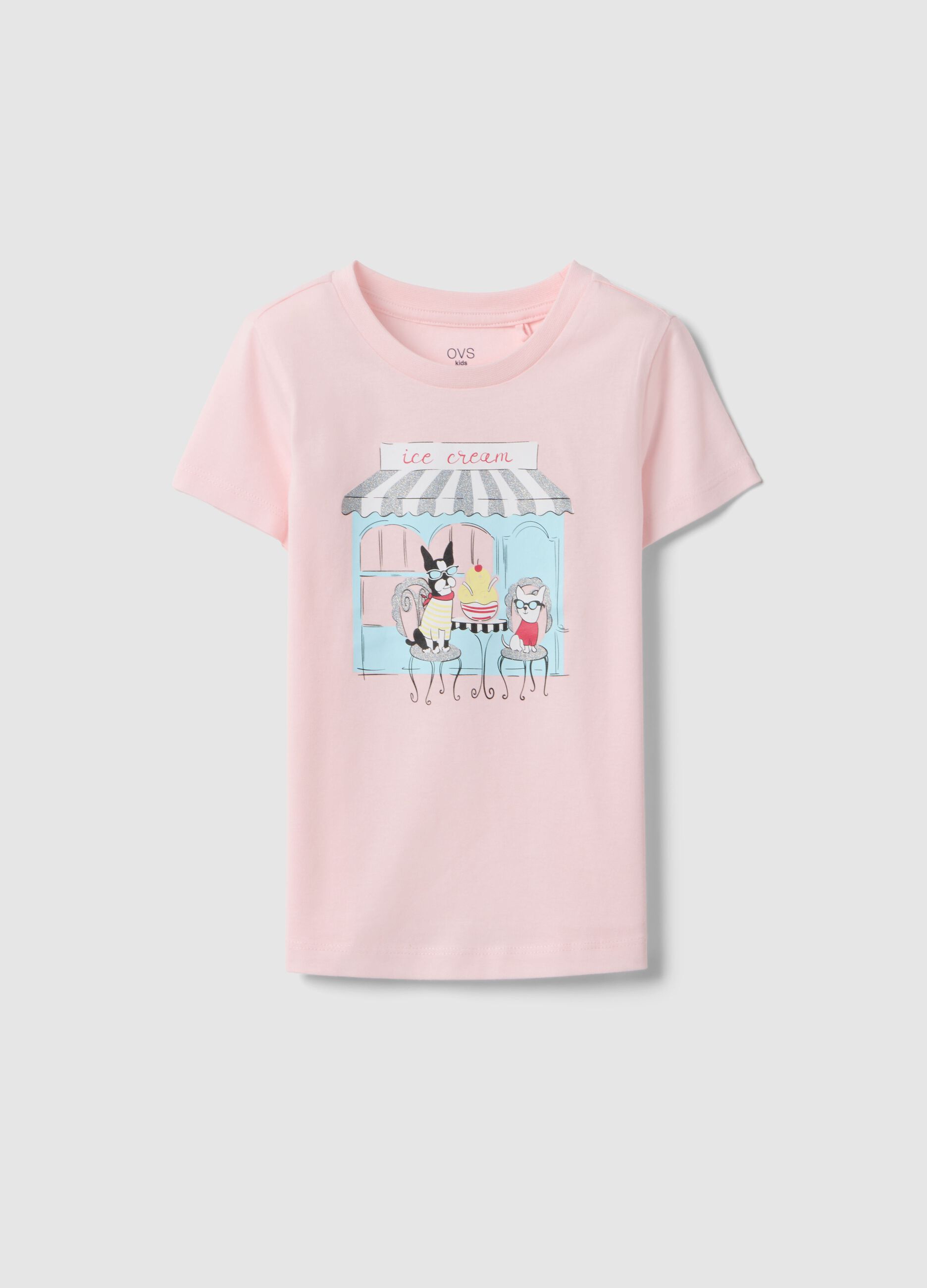 Pink pure cotton regular fit T-shirt with print for girls