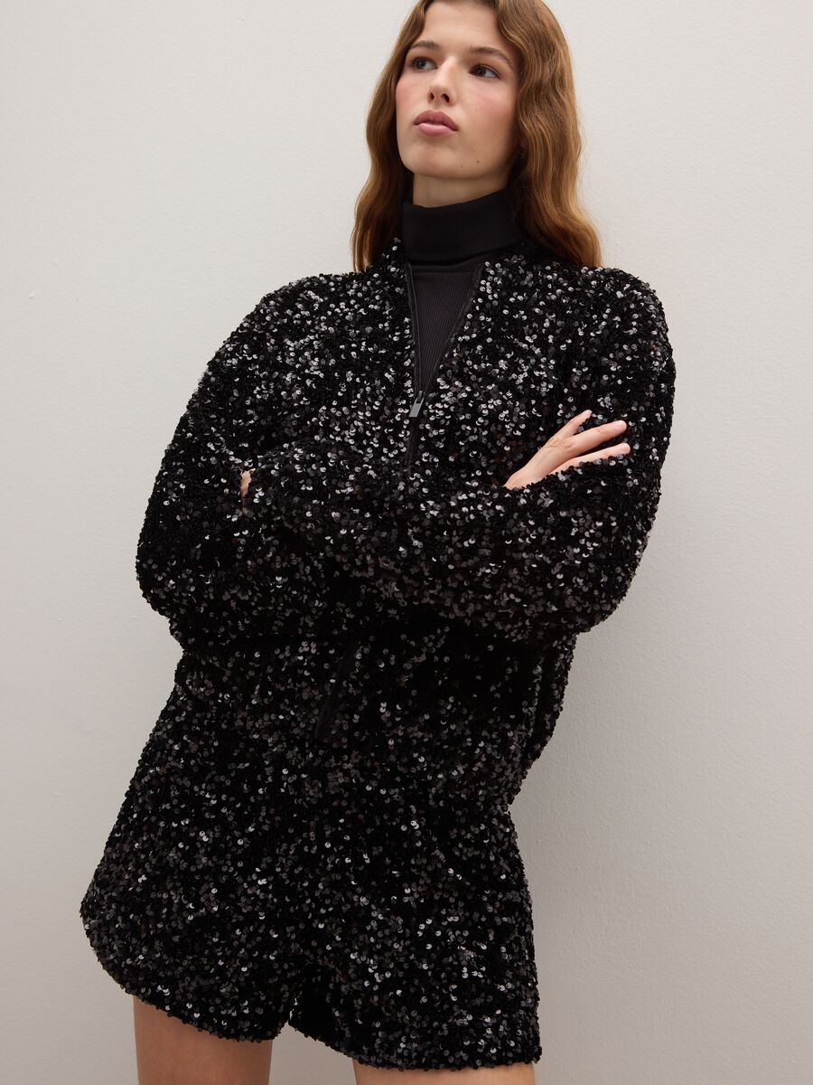 Black regular fit cardigan with zip and sequins_0