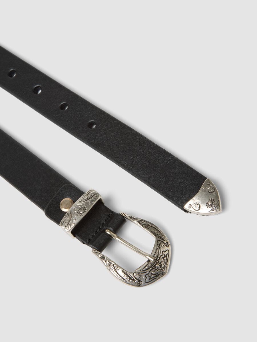 Cintura nera in vera pelle con fibbia decorata_1