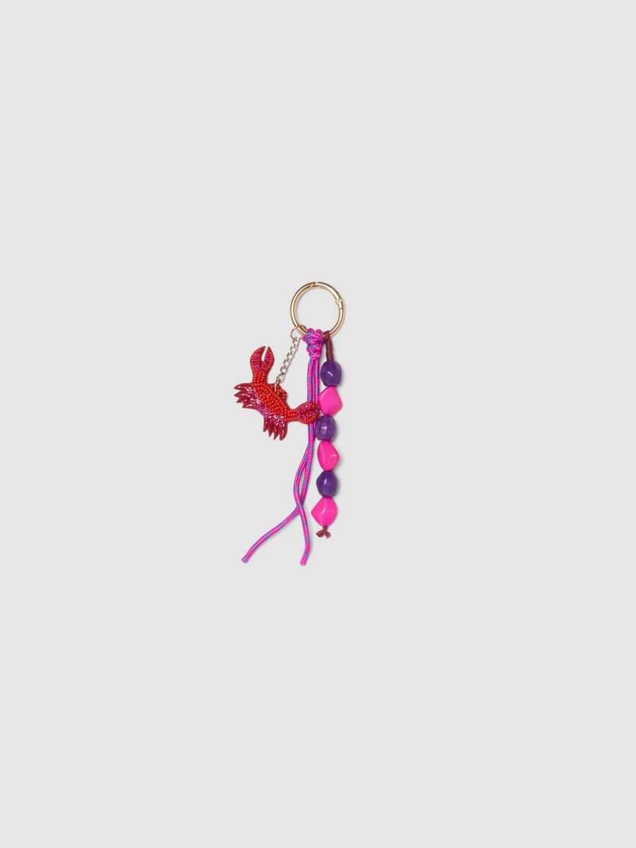 Red keyring with decorative crab and beads_0