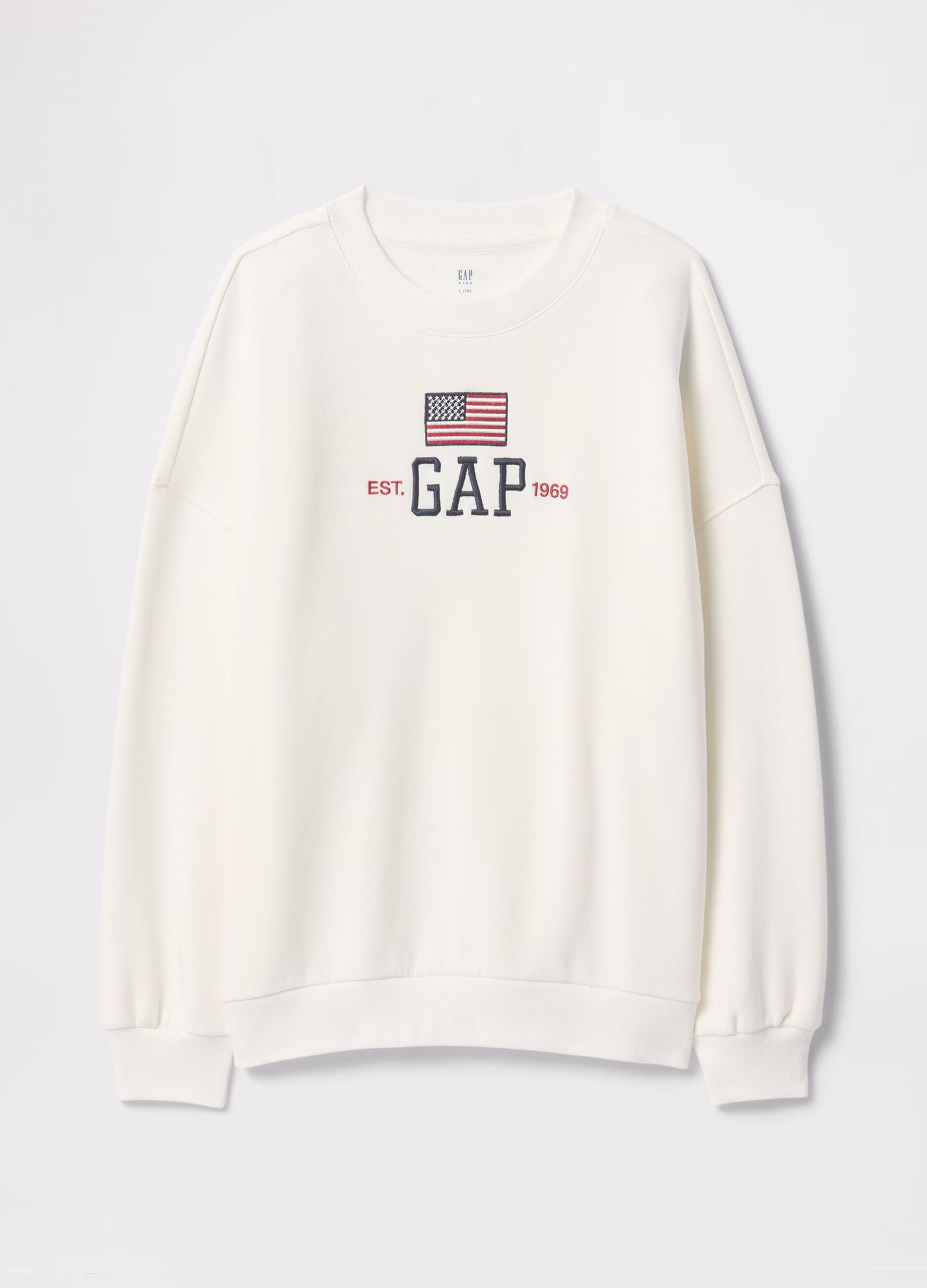 White sweatshirt with logo and flag print