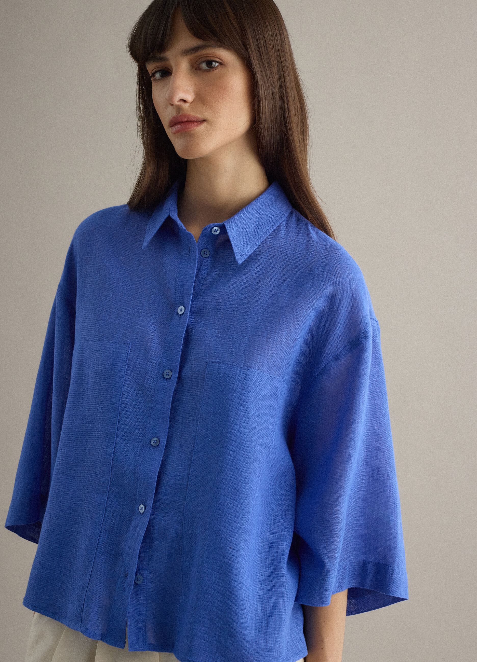 Blue Linen Blend Oversized Fit Shirt