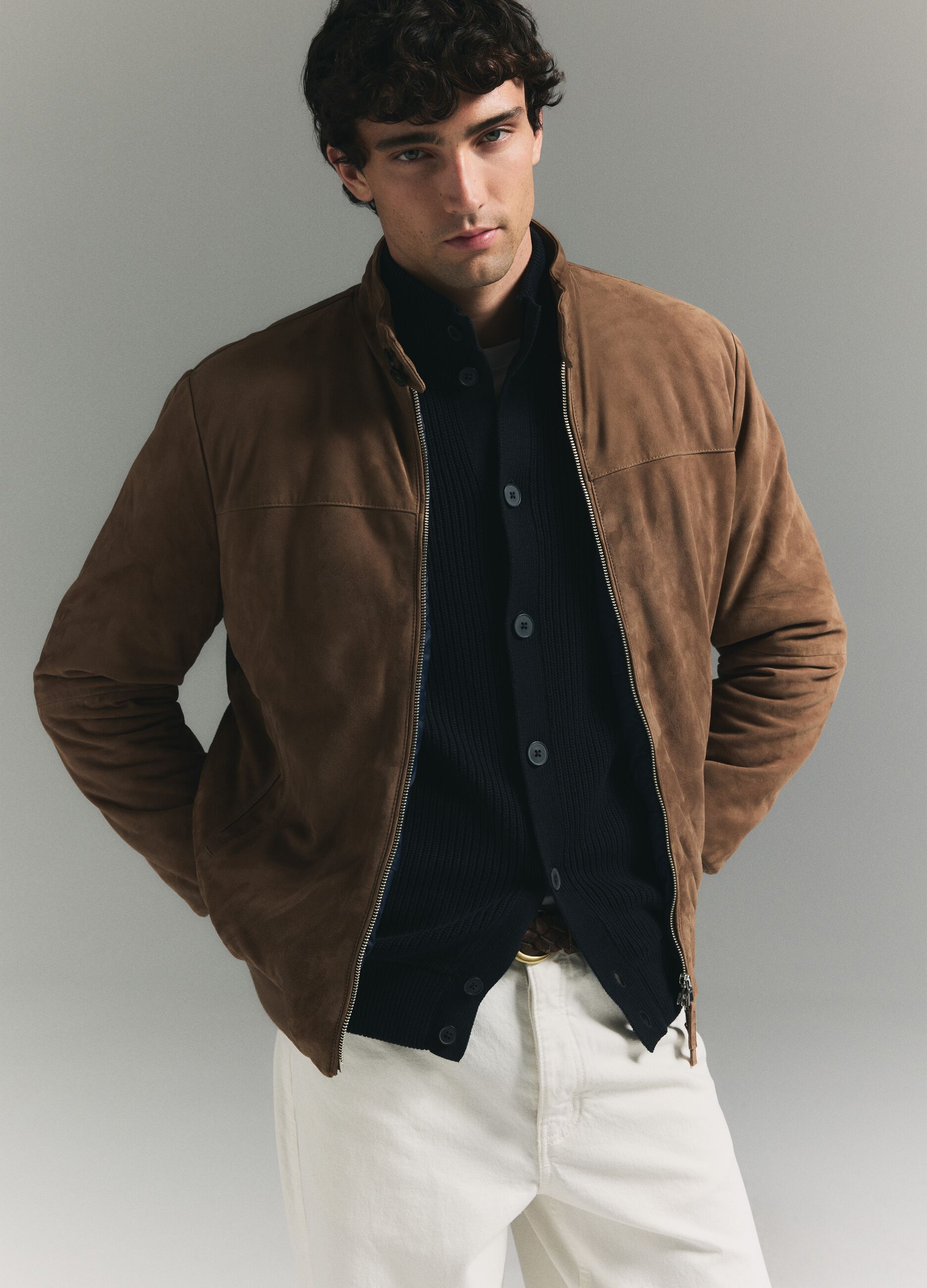Brown genuine leather bomber jacket