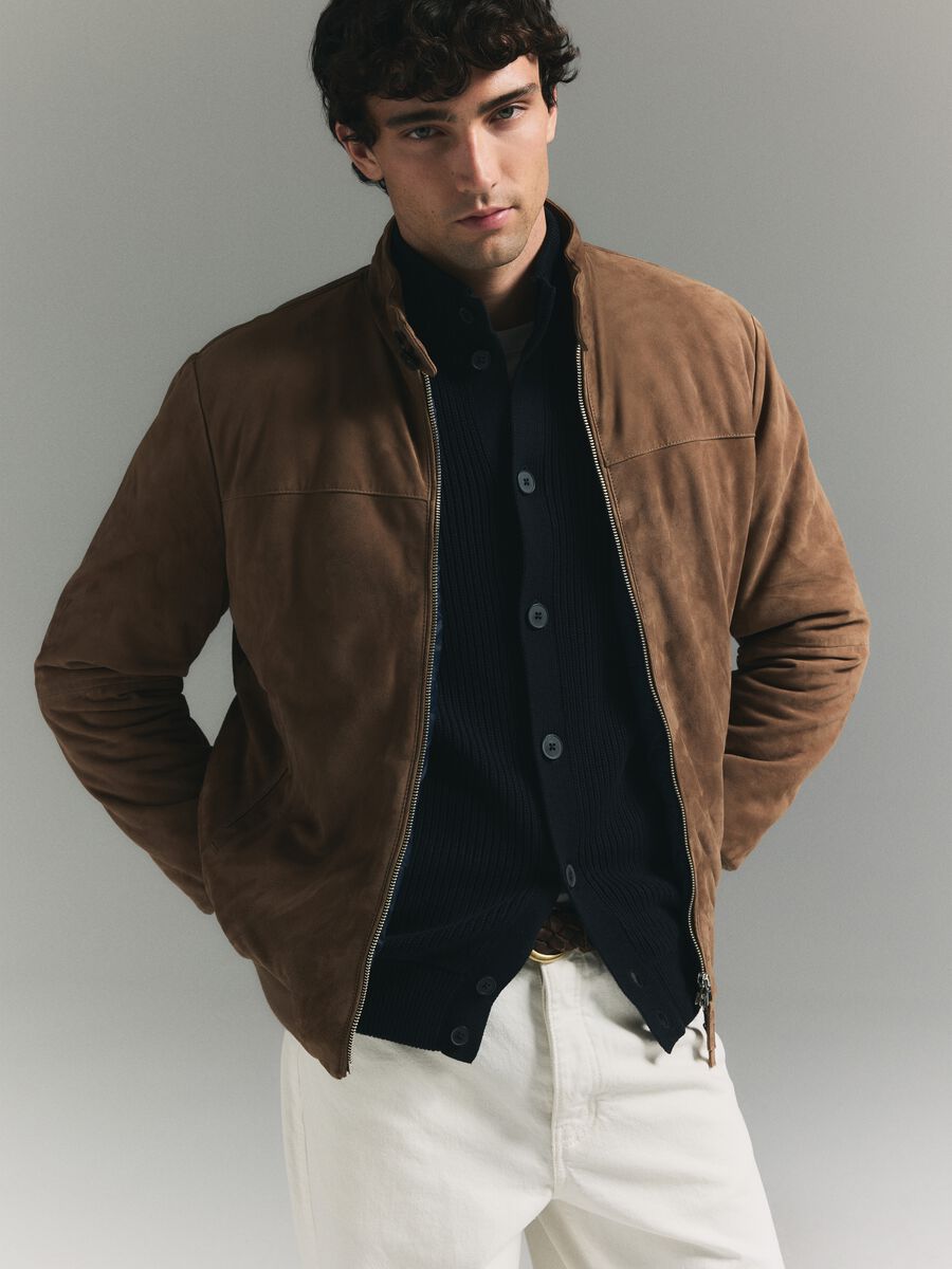 Giubbotto bomber da uomo in vera pelle marrone regular fit_0