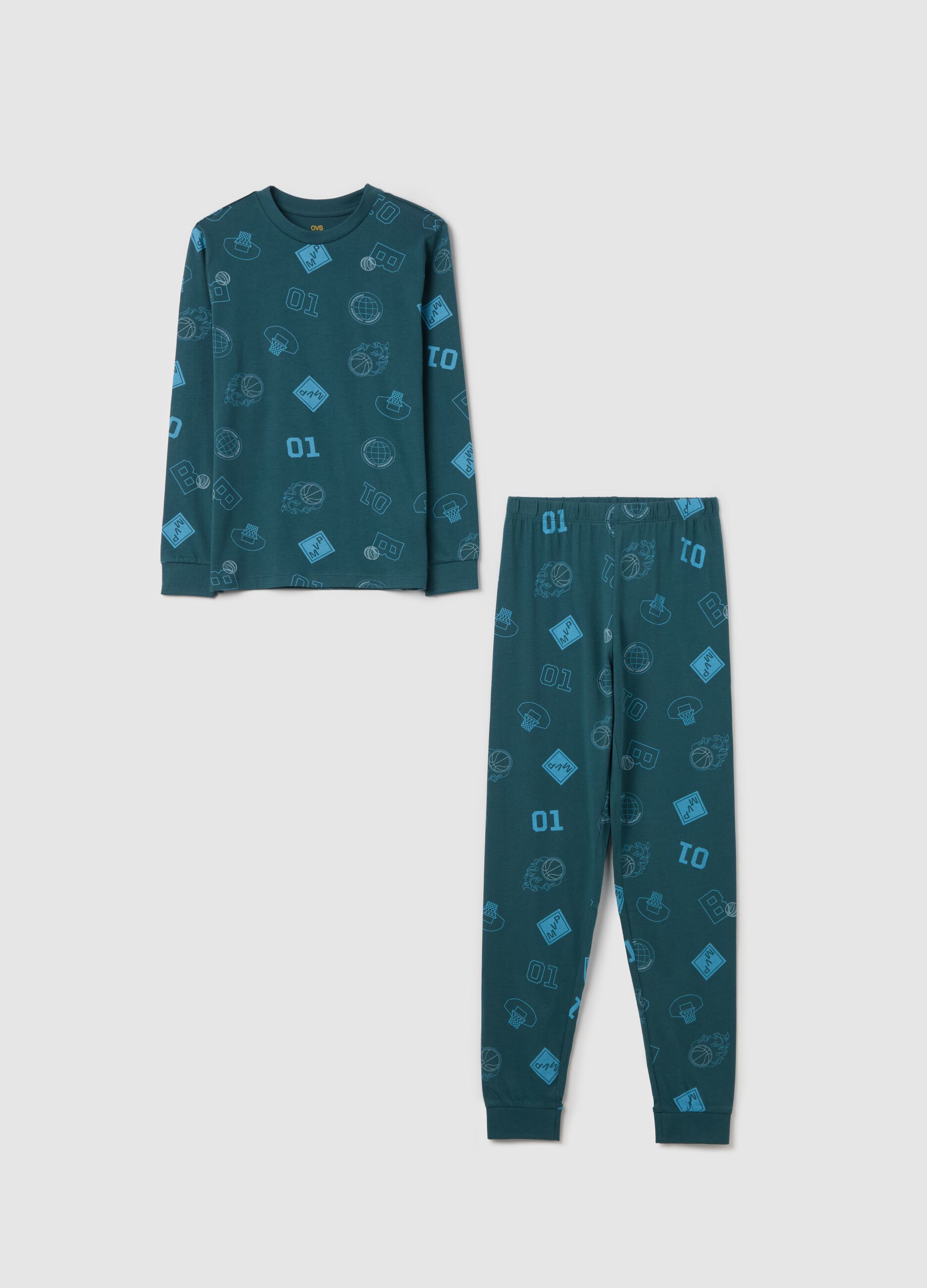 Cotton pyjamas with basketball motif print