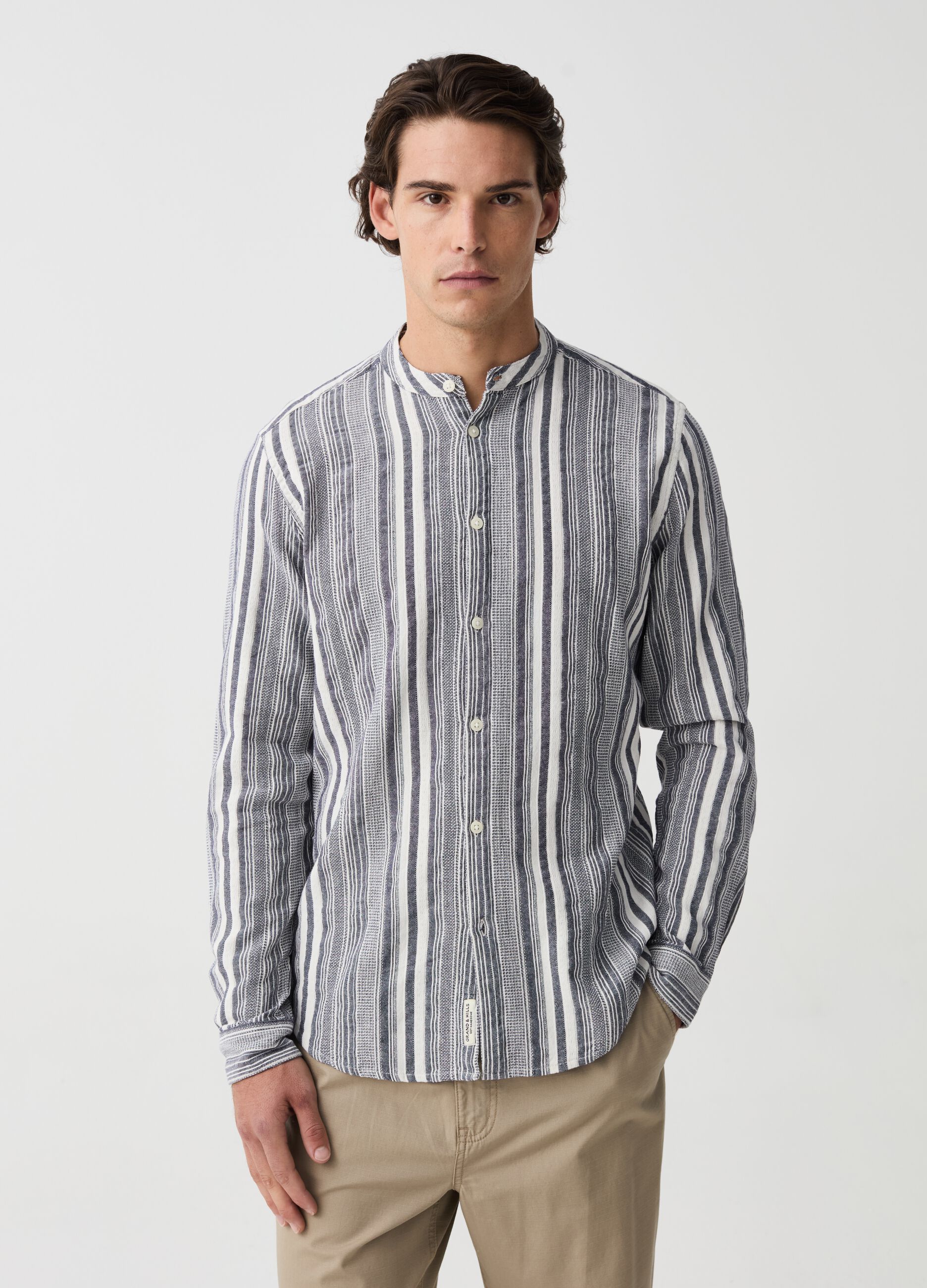 Striped cotton shirt with Mandarin collar