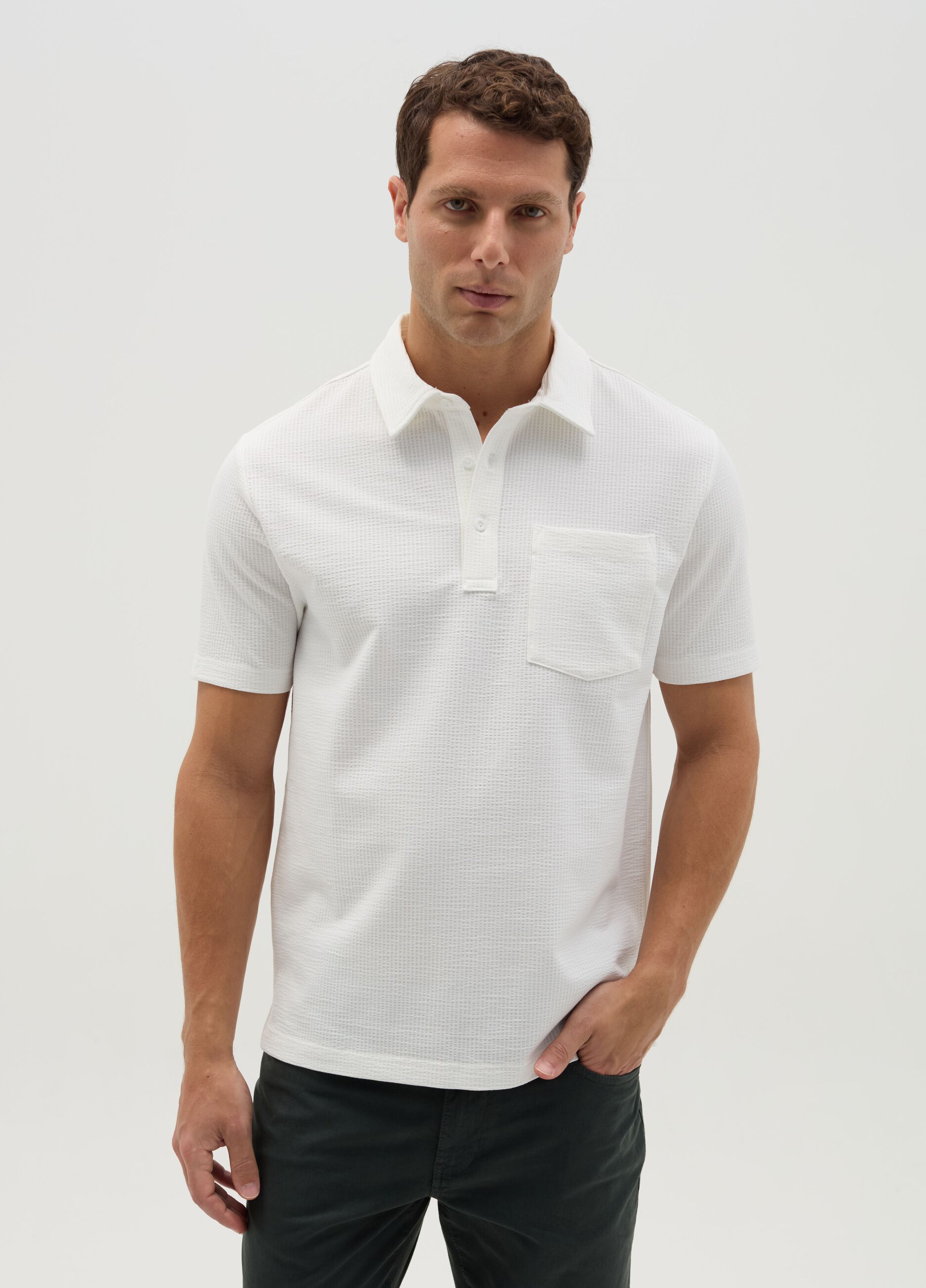 Waffle weave cotton polo shirt with pocket