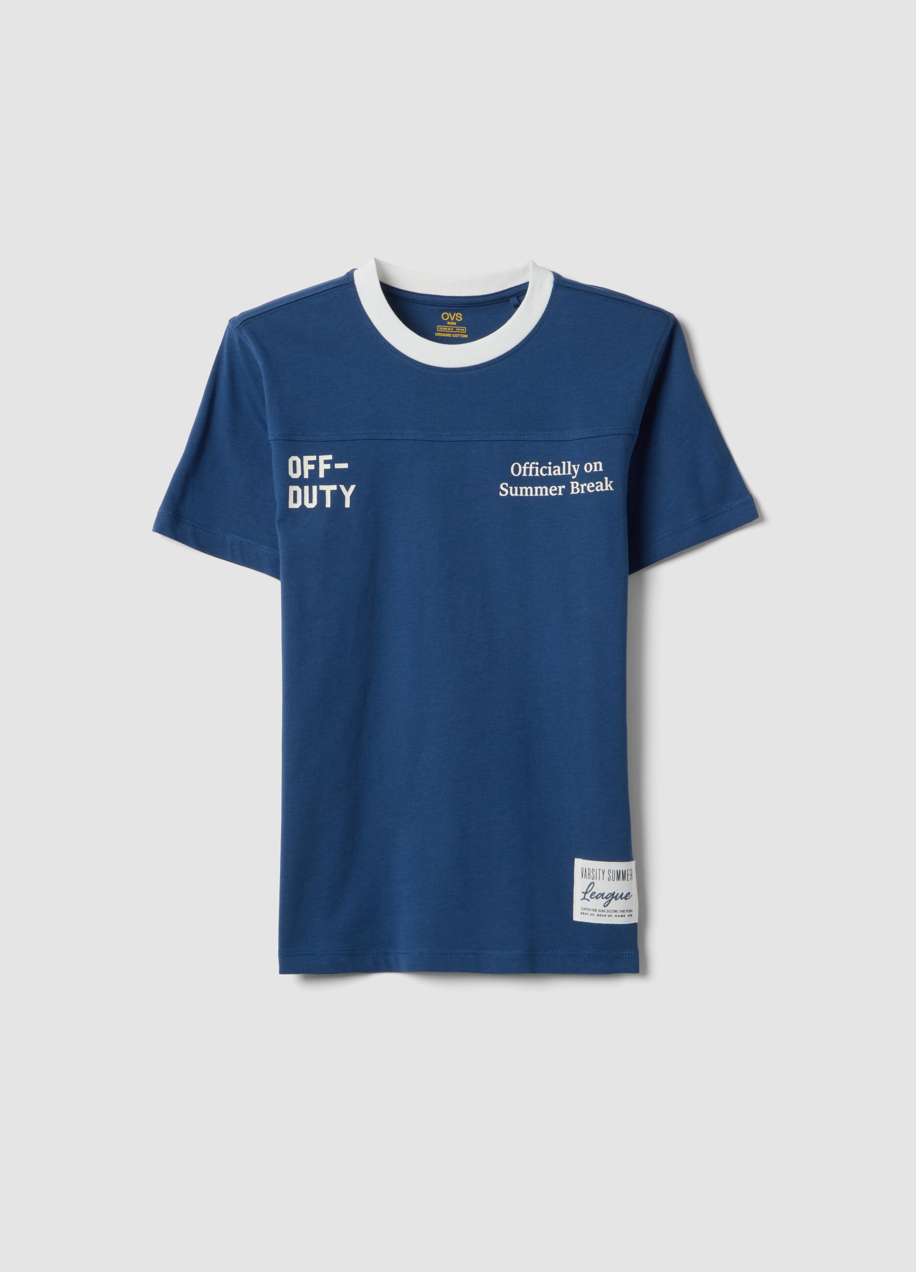 Boys' blue pure cotton T-shirt, relaxed fit with white collar