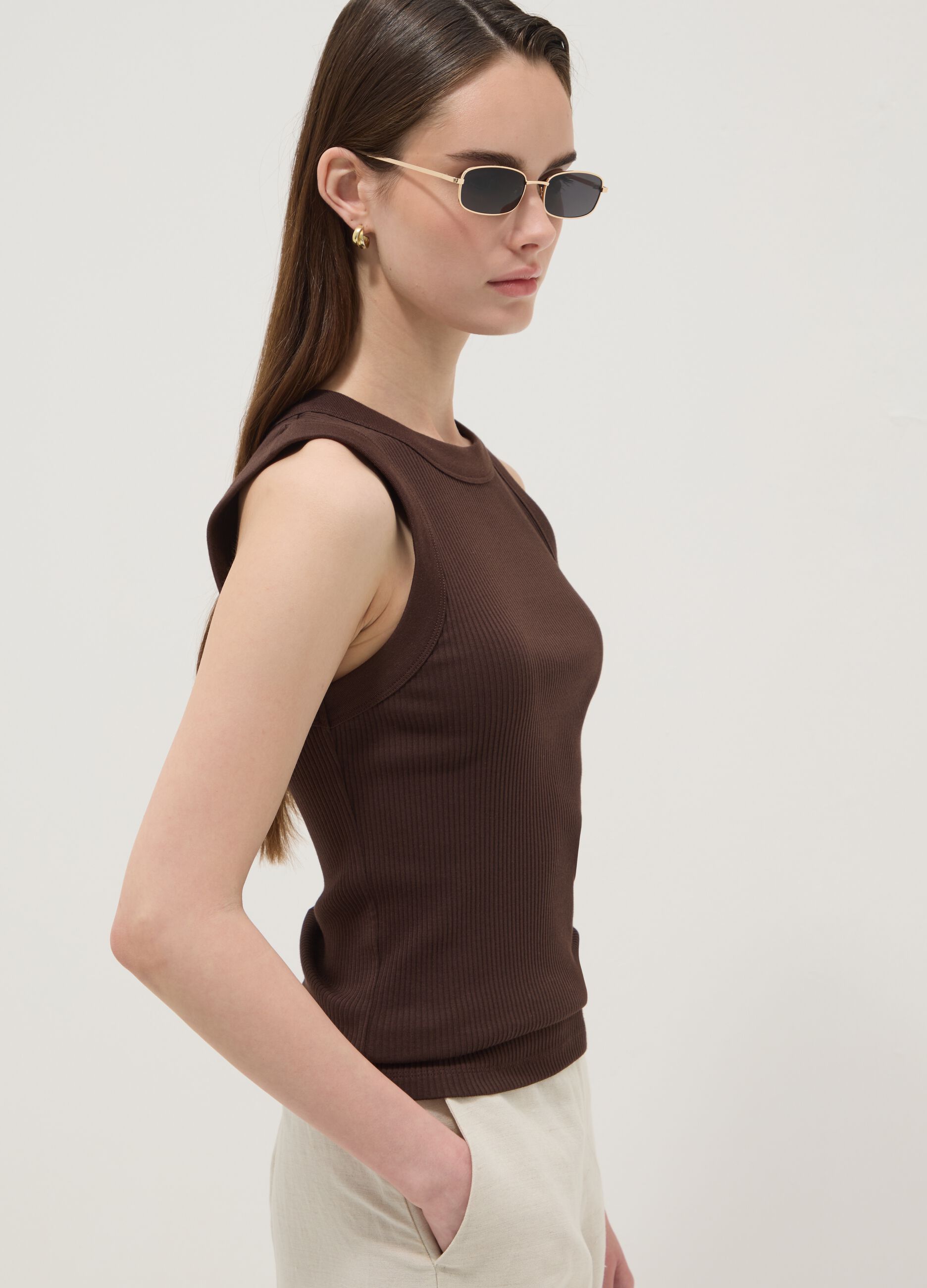 Brown fitted ribbed stretch-cotton tank top