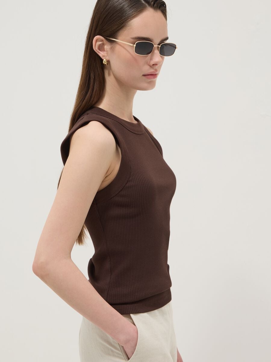 Brown fitted ribbed stretch-cotton tank top_1