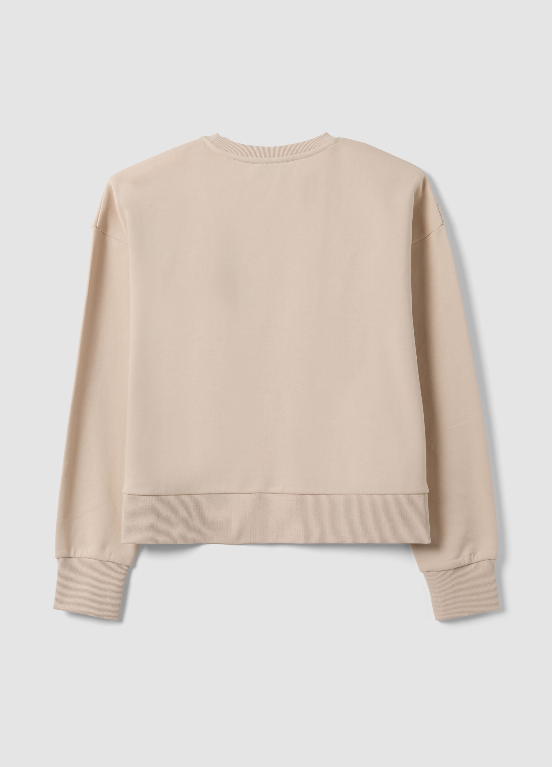 Beige cotton-blend crew-neck sweatshirt with teddy print