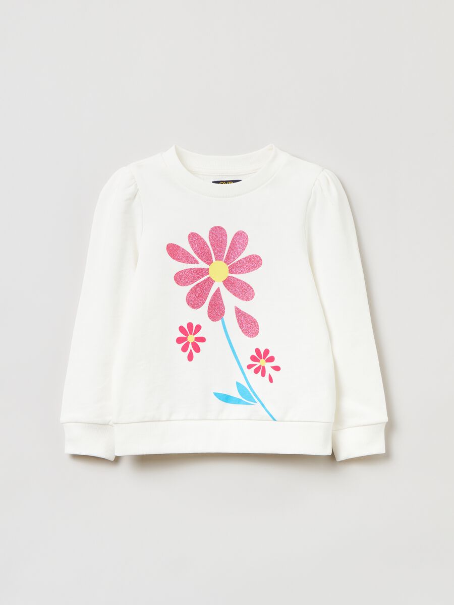 Cotton hoodie with glitter flower print_0