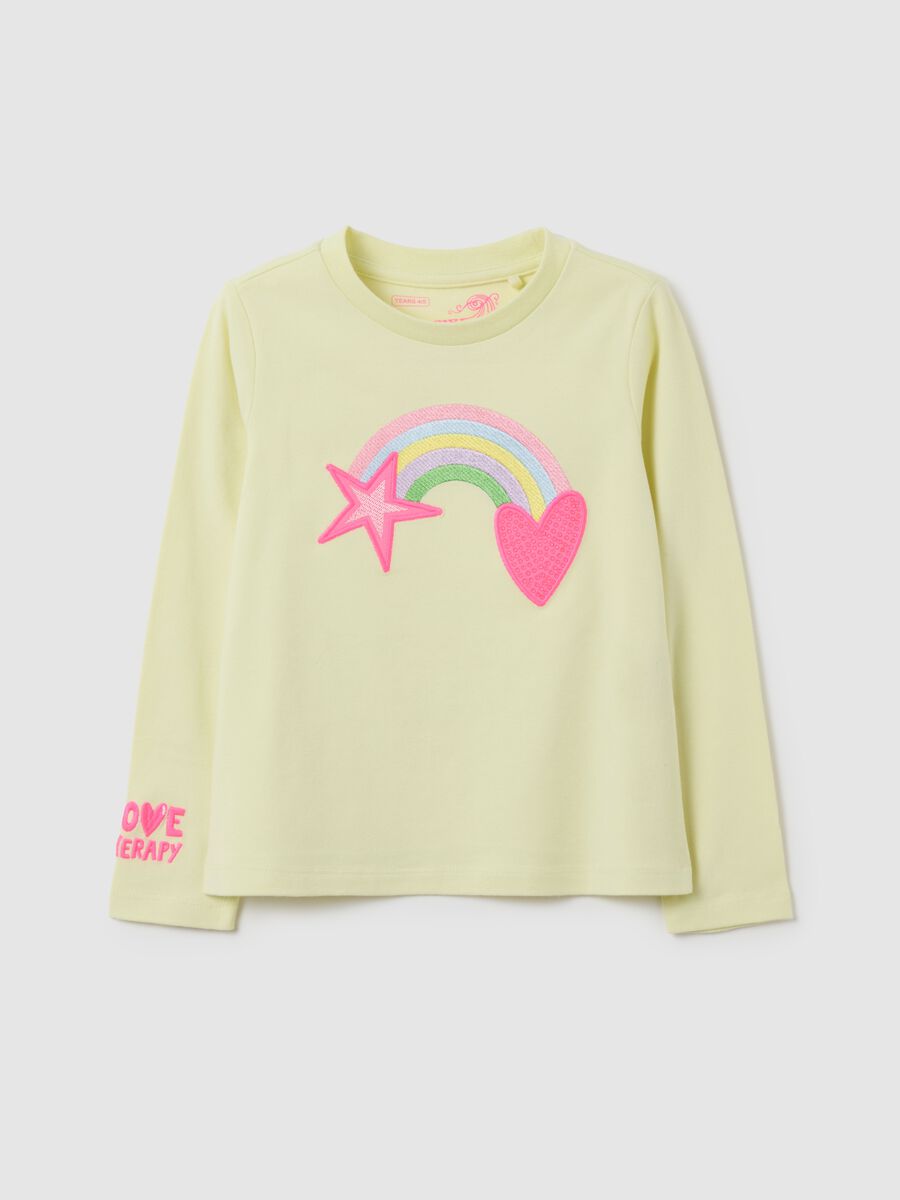 Girls' yellow cotton-blend T-shirt with regular fit print_0