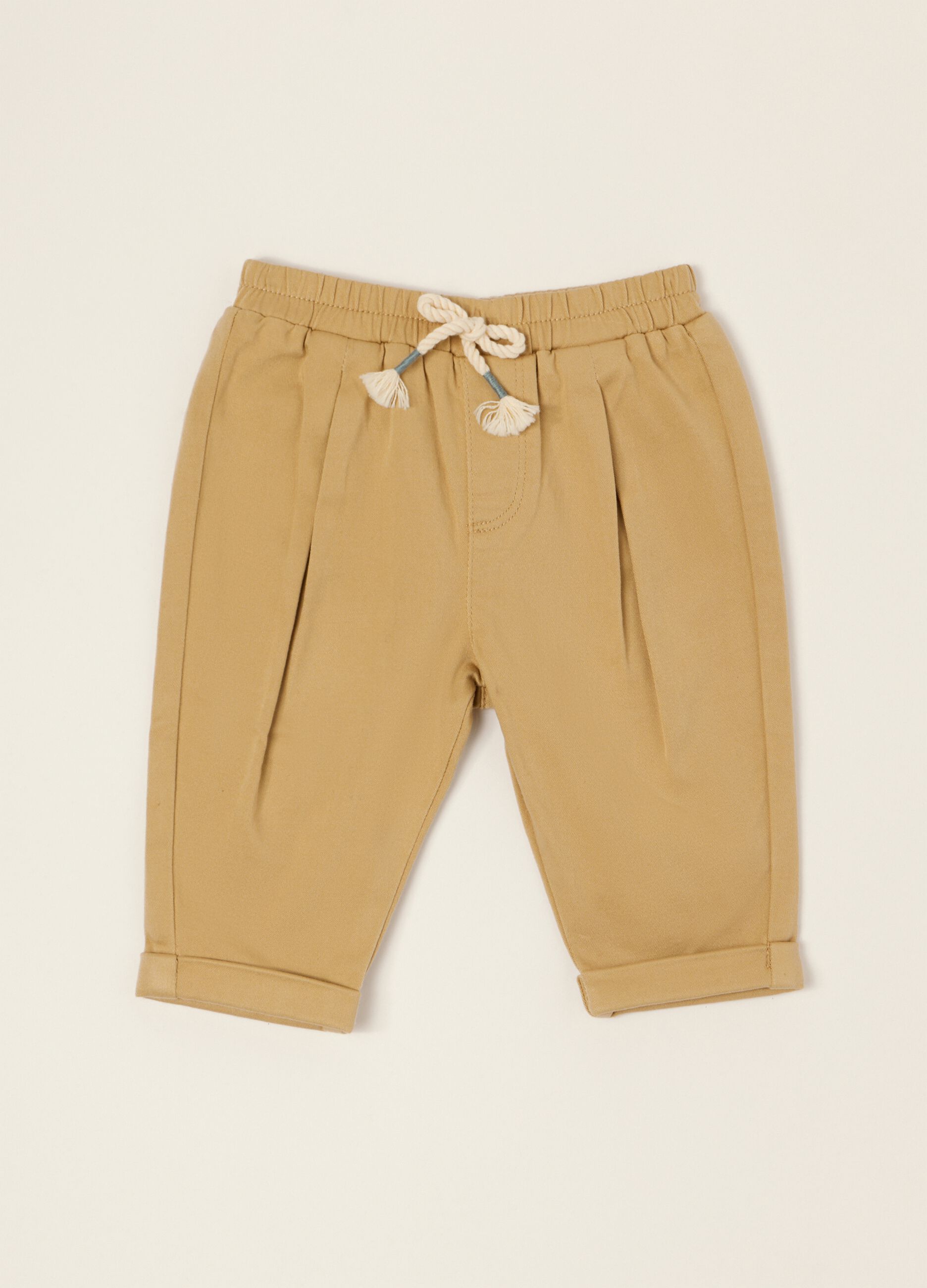 Beige stretch cotton and viscose baby trousers, regular fit