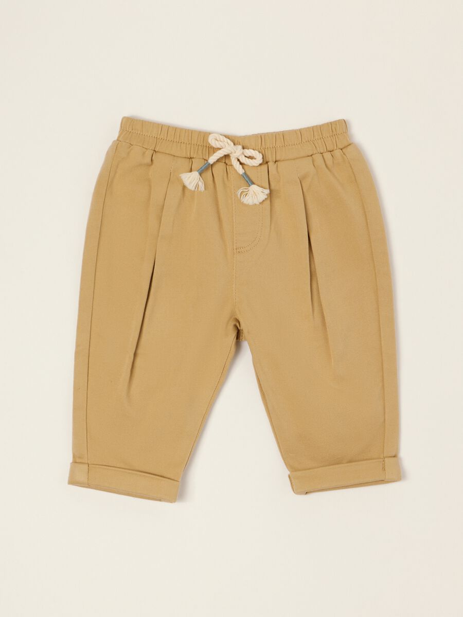 Beige stretch cotton and viscose baby trousers, regular fit_0