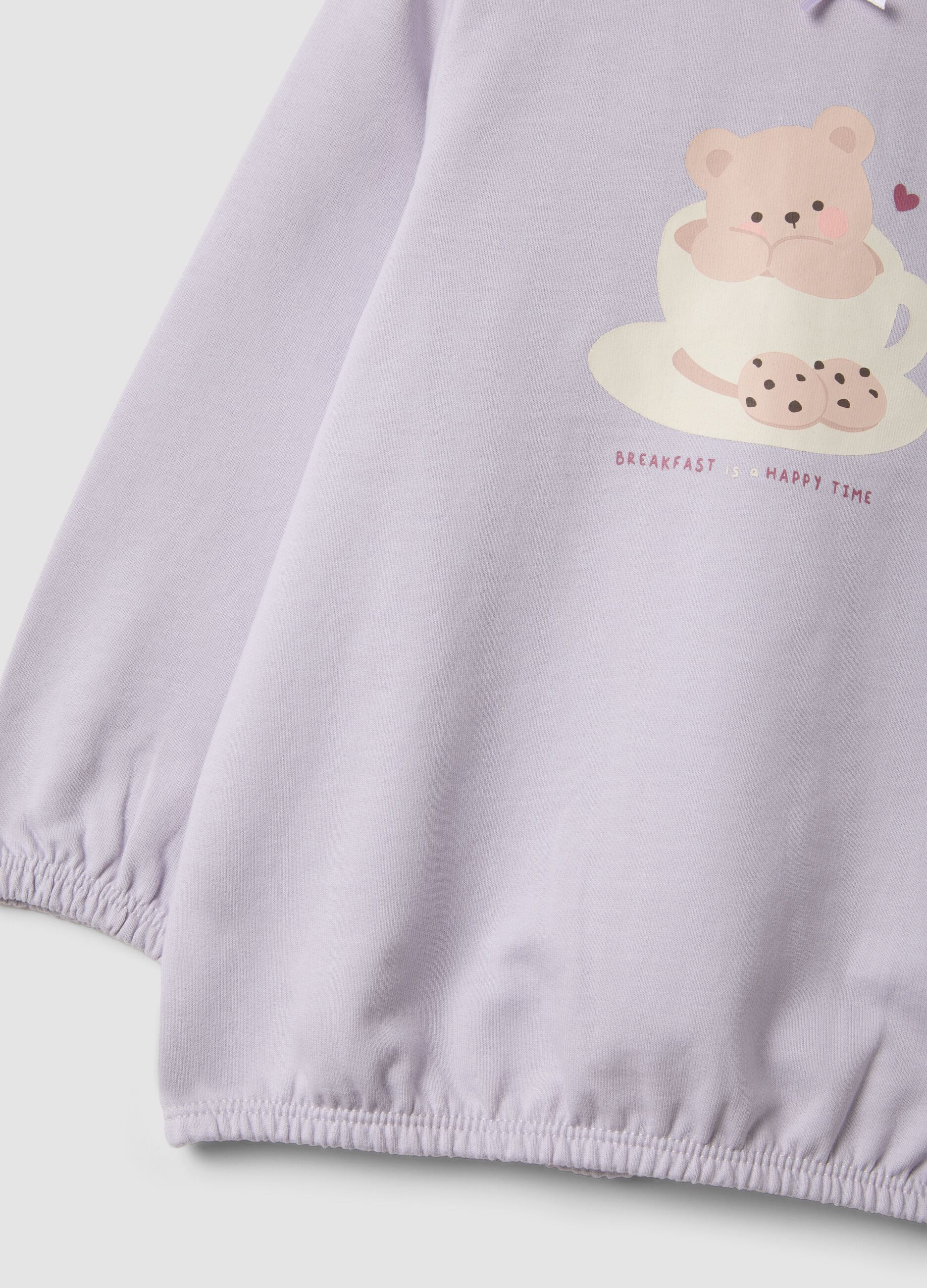 Purple organic cotton pyjamas with crew neck and teddy bear print