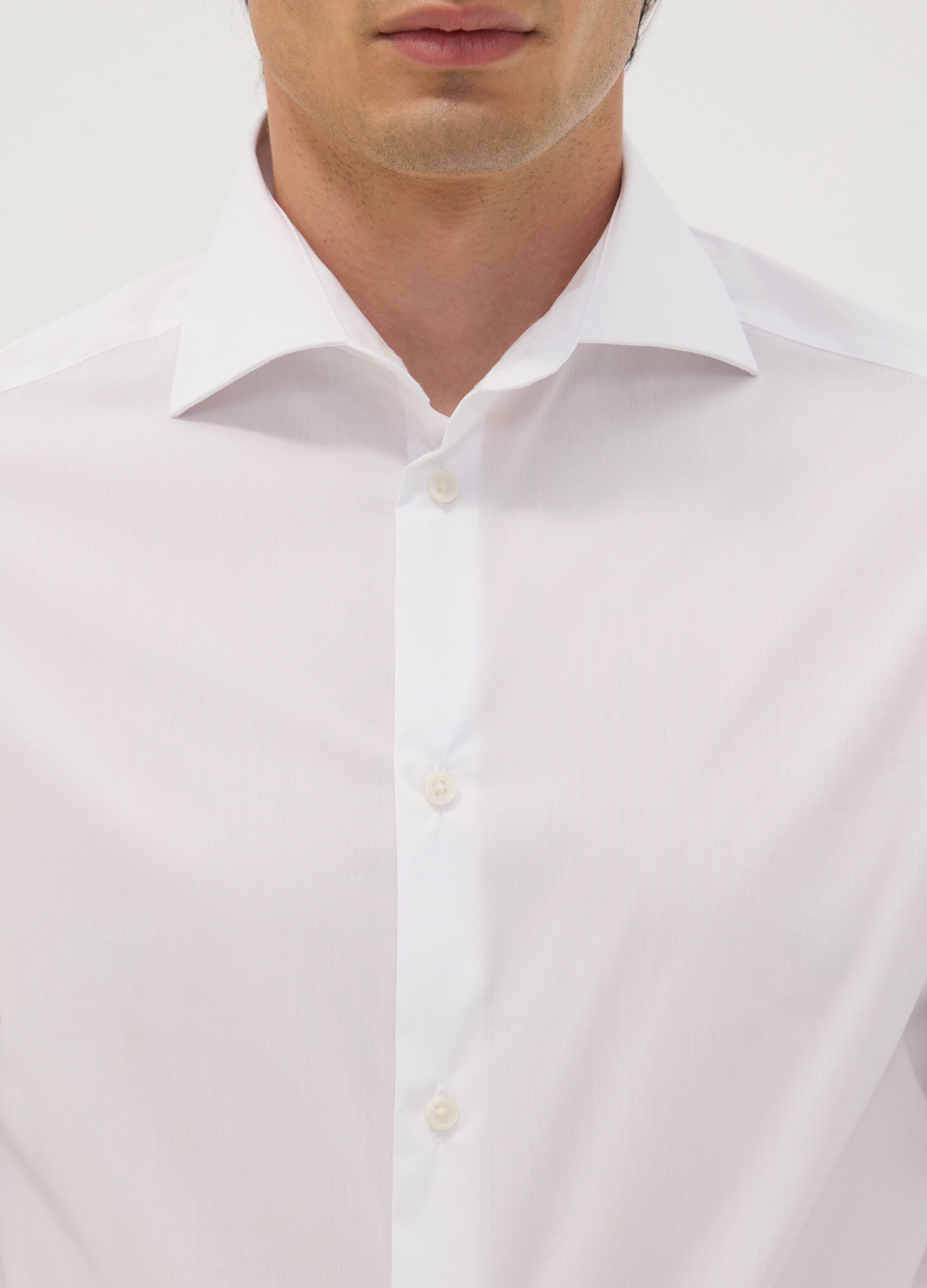 White stretch cotton poplin shirt with French collar, slim fit