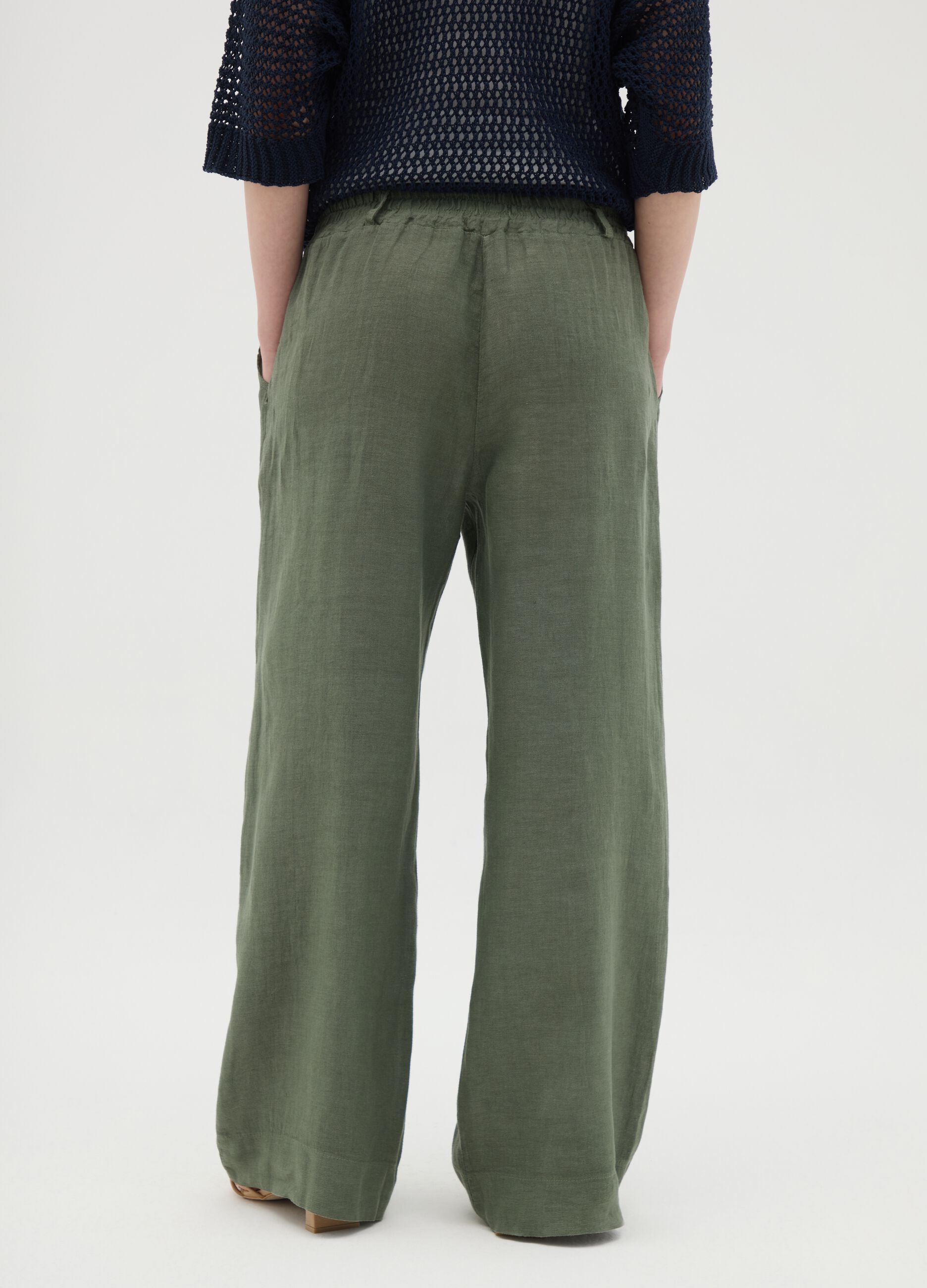 Pantaloni da donna in puro lino verde regular fit
