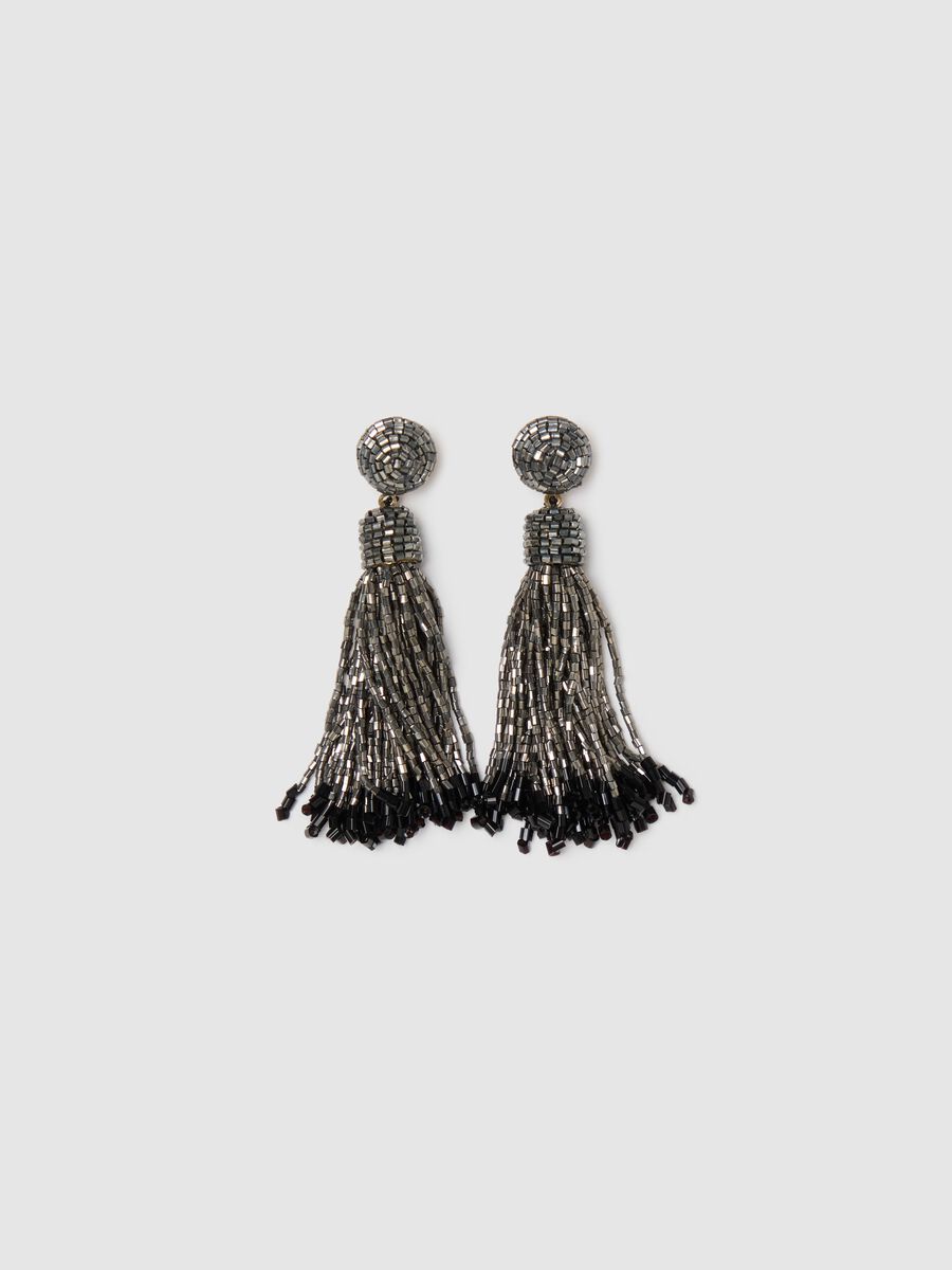 Grey pendant earrings with beads and fringing_0