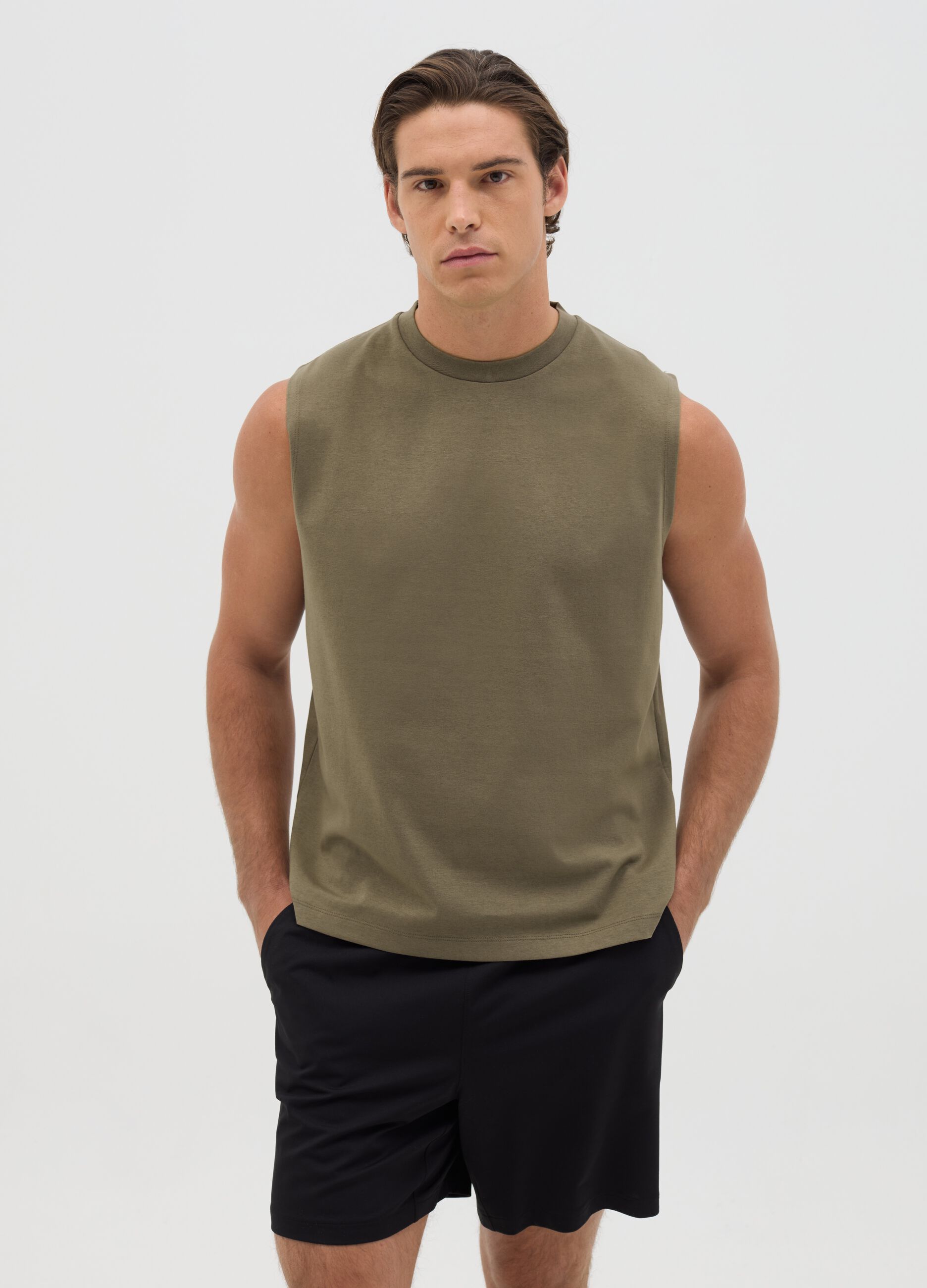 Men's Green Cotton Blend Relaxed Fit Tank Top