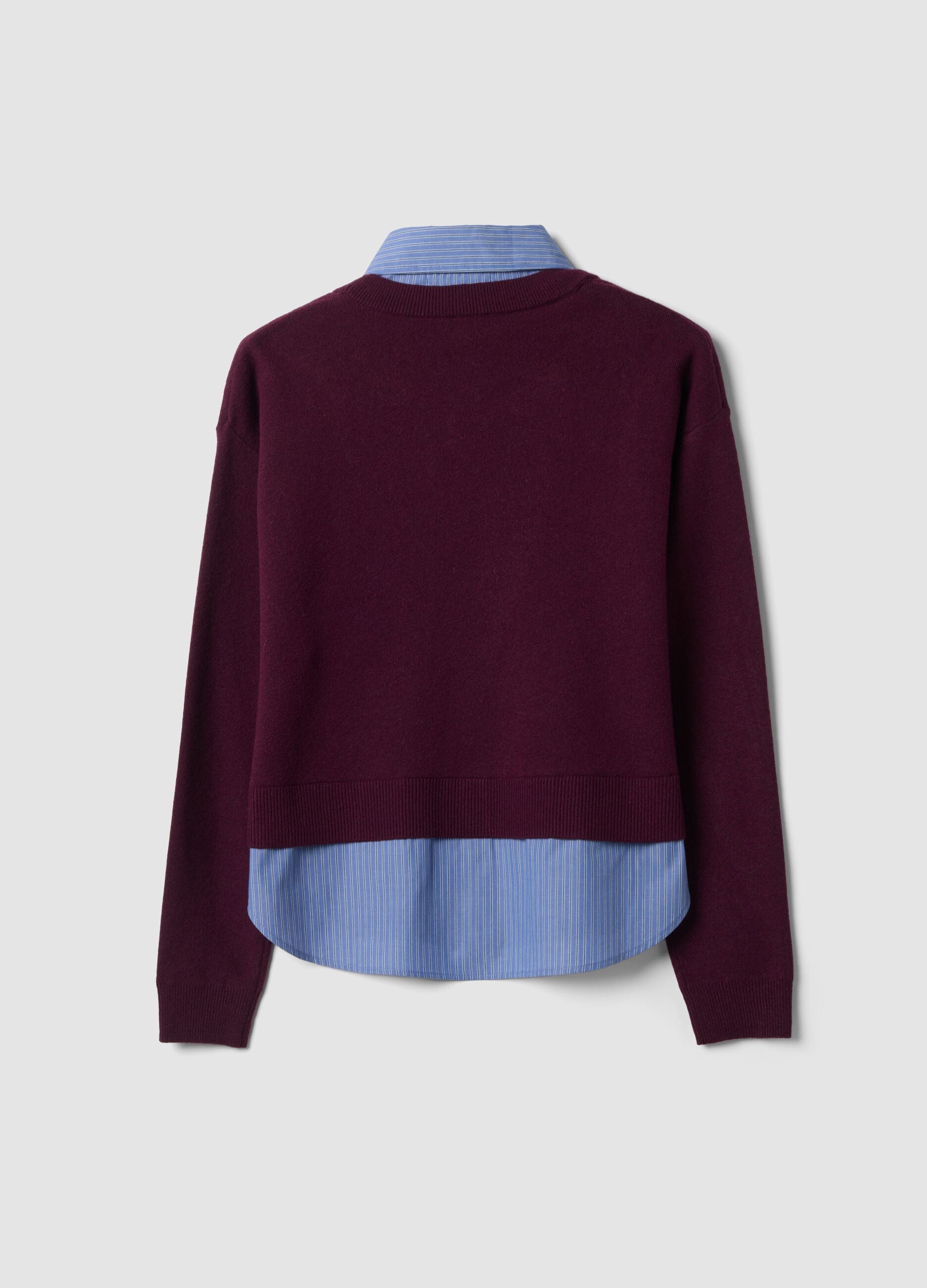 Purple viscose and wool-blend jumper with V-neck and shirt insert