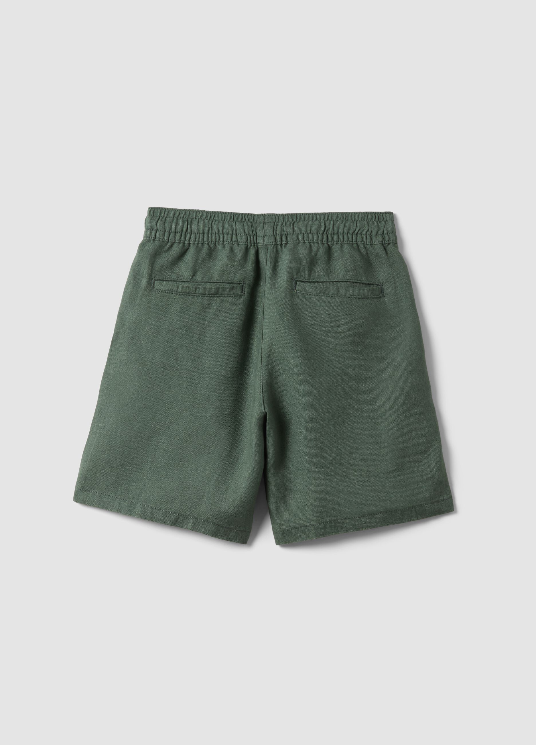 Green pure linen baggy fit cargo shorts for boys