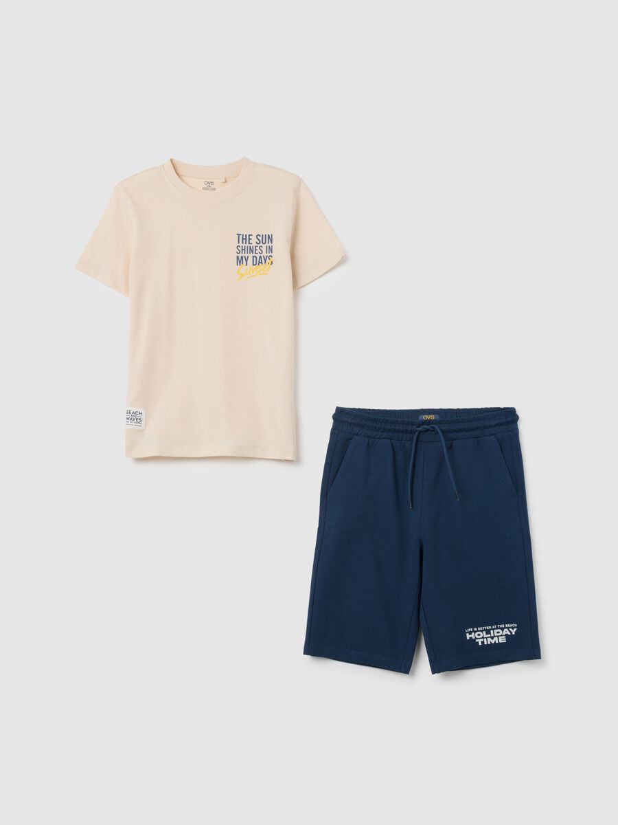 Boy's beige pure cotton t-shirt and shorts set, regular fit_0
