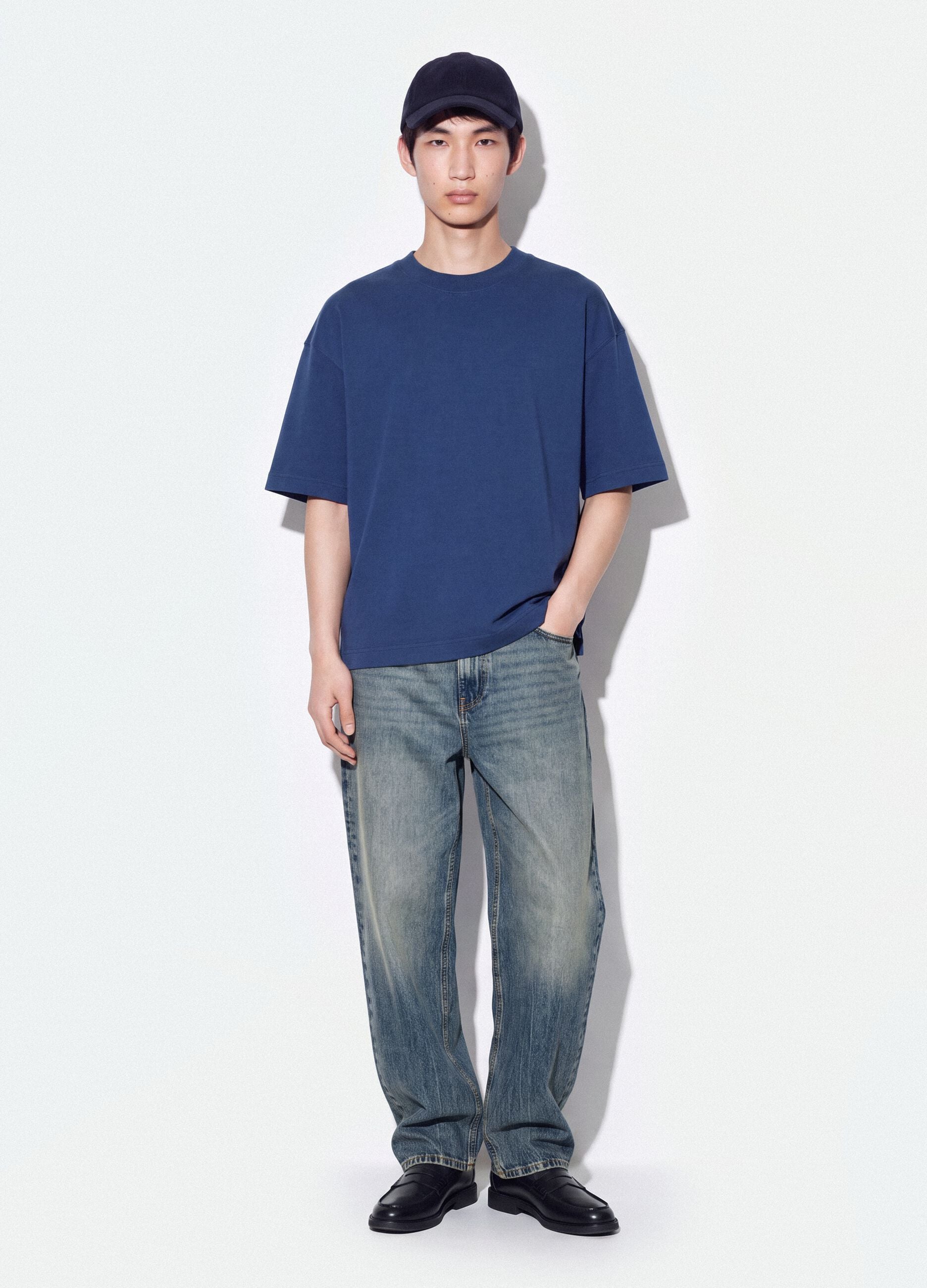 Blue crew-neck pure cotton boxy-fit T-shirt