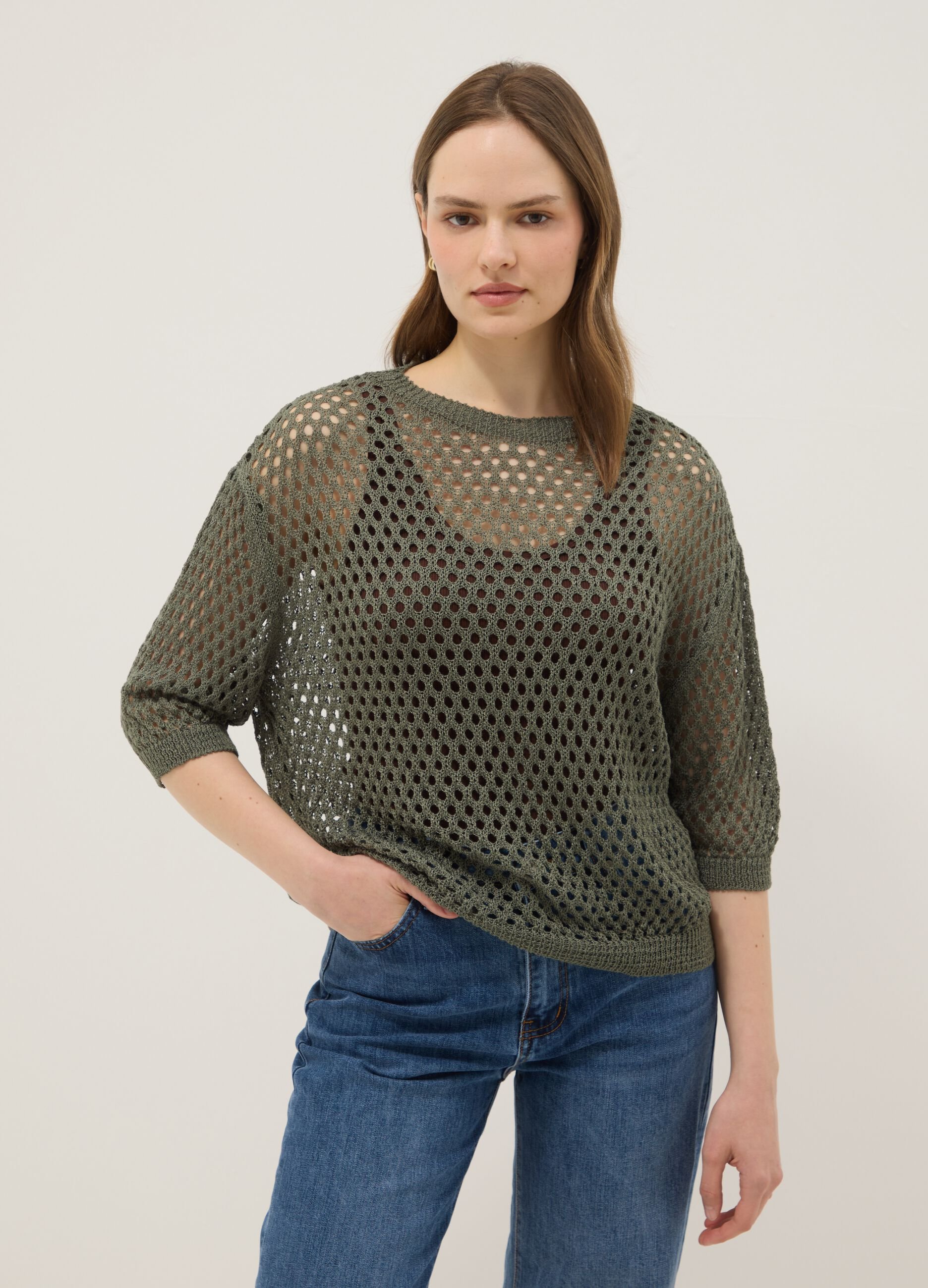 Green open-knit mesh top