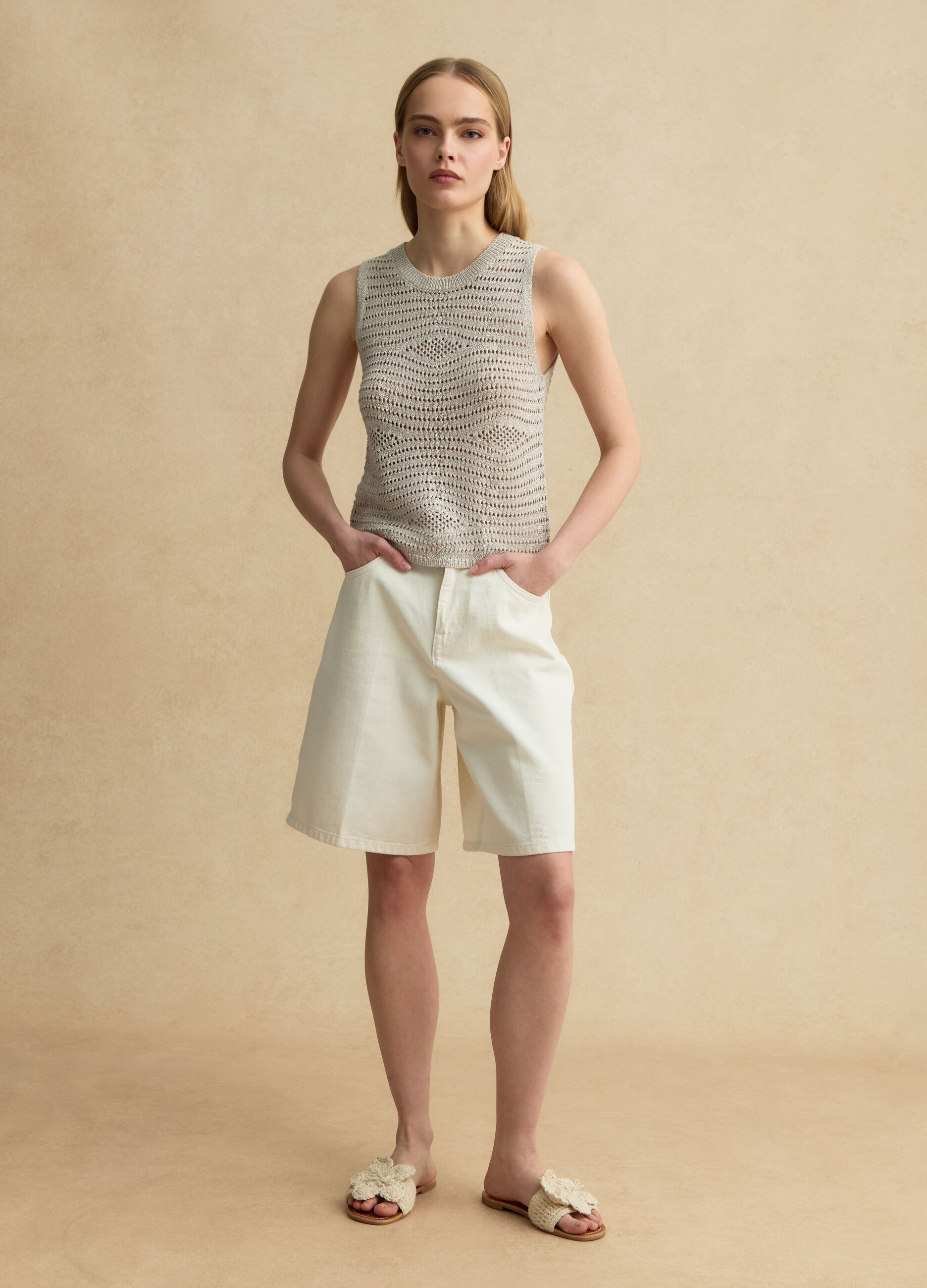 Beige open-knit viscose-blend vest top