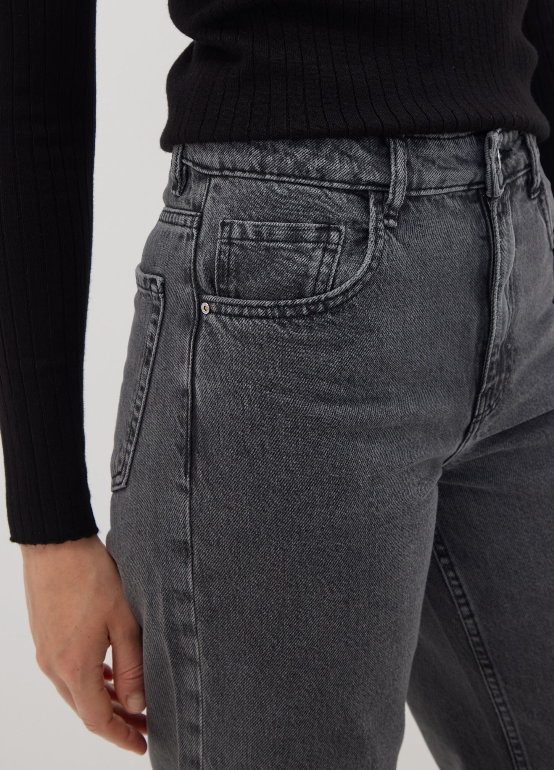 Grey pure cotton wide-leg high-waisted denim jeans