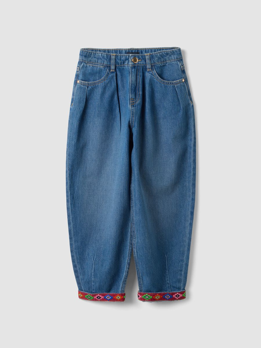 Girls&rsquo; blue baggy pure cotton jeans with embroidered turn-up hem_0