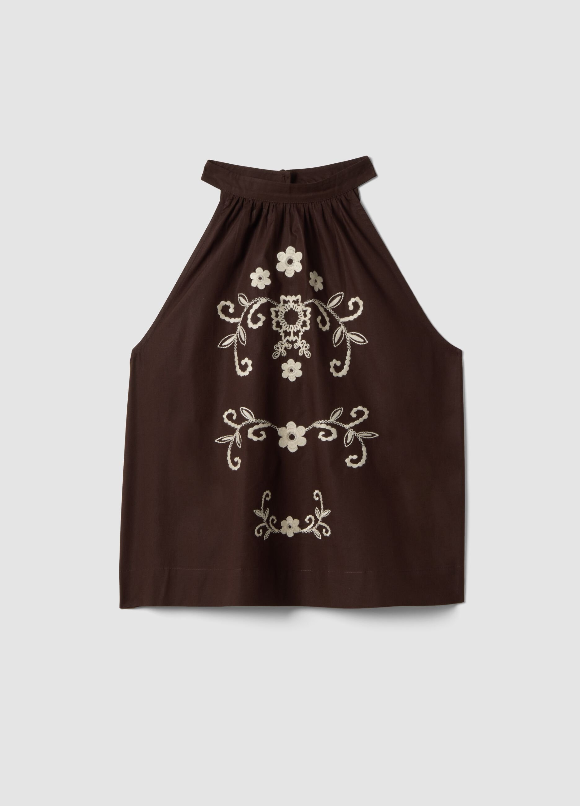Brown pure cotton blouse regular fit with floral embroidery