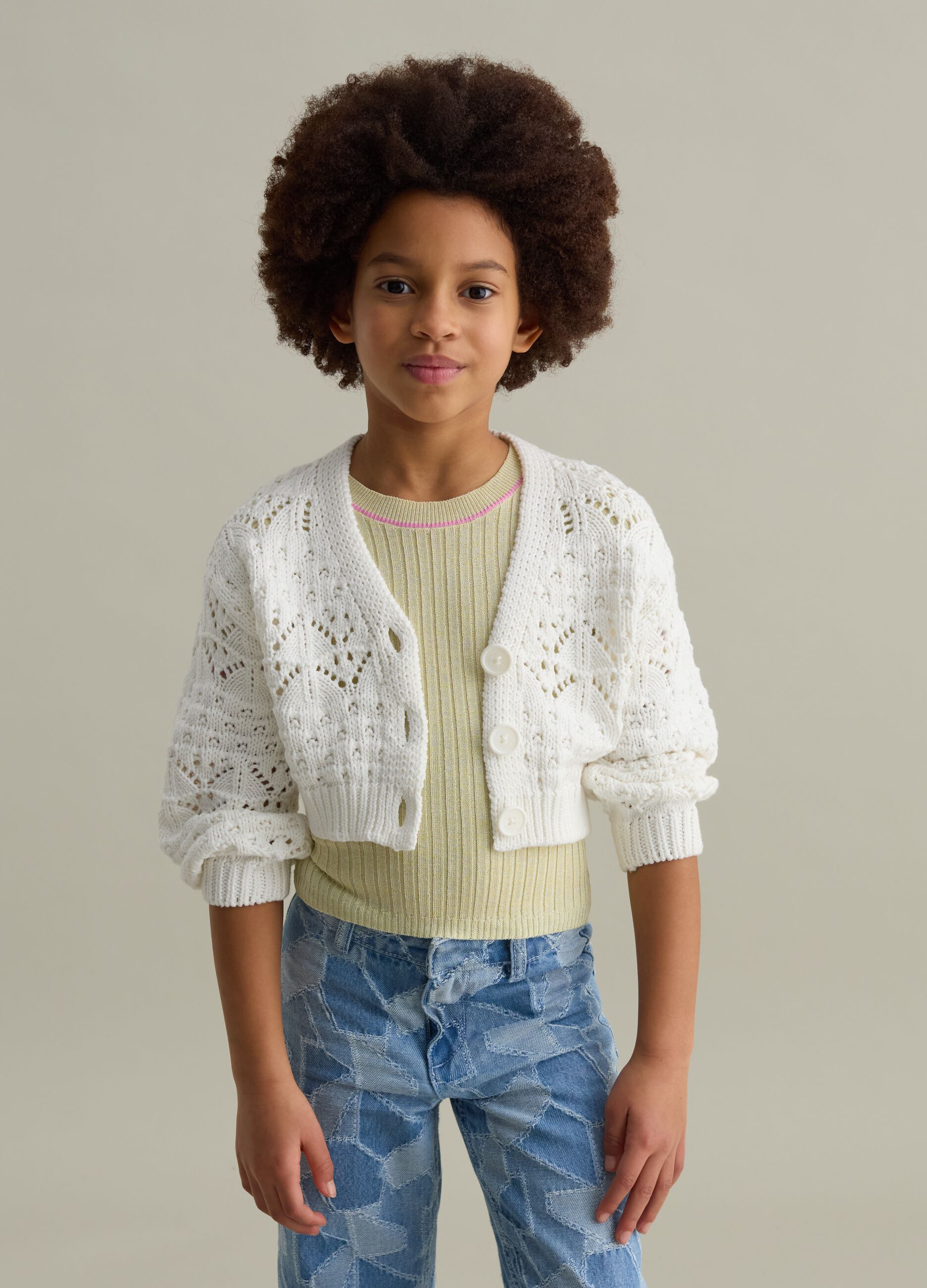 Cardigan with V neck and openwork design