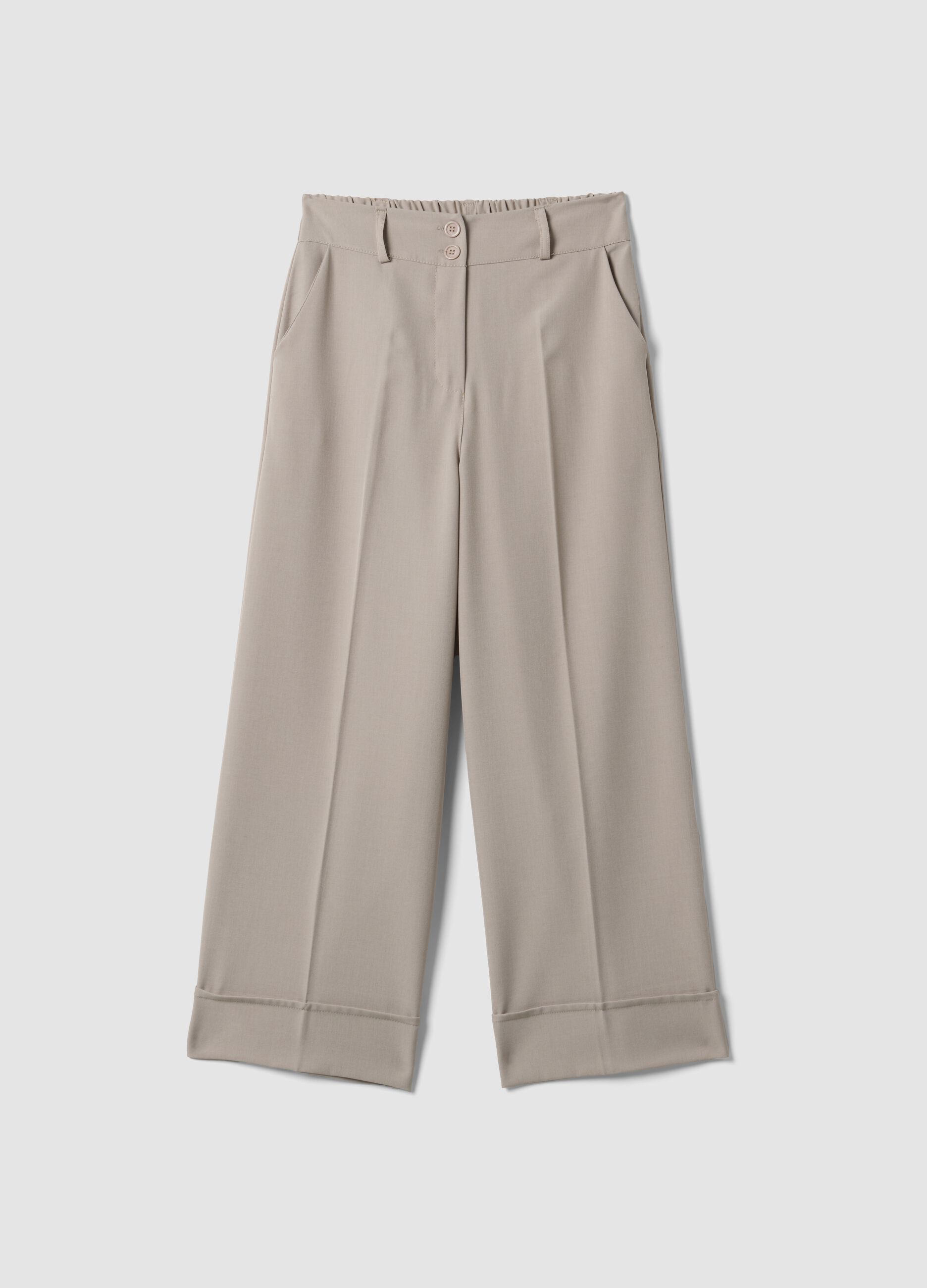 Beige stretch trousers with turn-up hem
