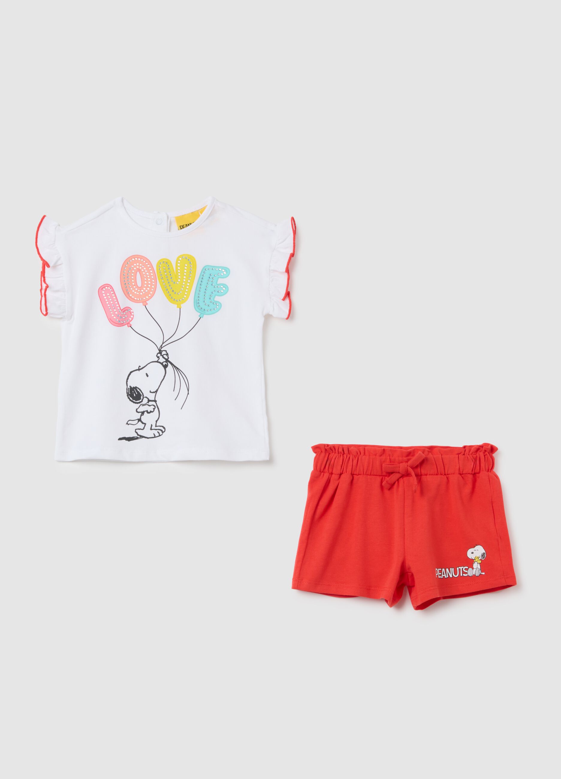 Girls' White Cotton Regular Fit Set with Snoopy Print
