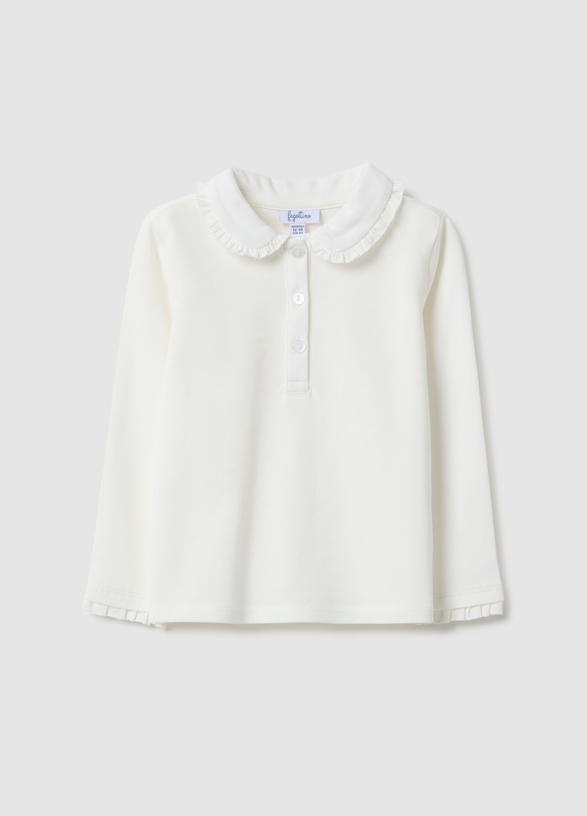 White polo with ruffles for girls in stretch cotton regular fit