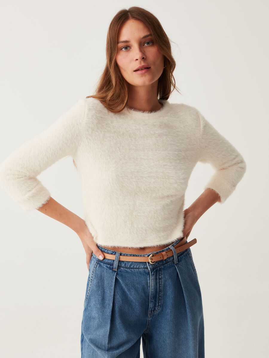 Top in furry yarn with three-quarter sleeves_0