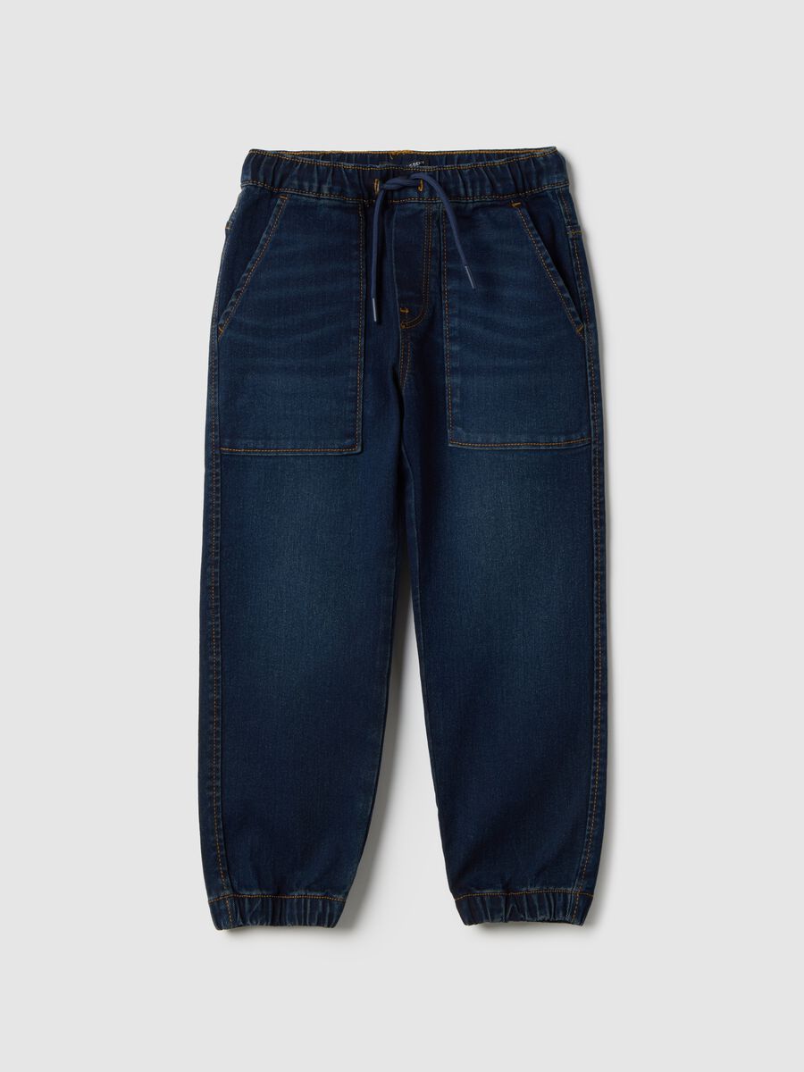 Blue cotton blend relaxed fit jogger jeans for boys_0