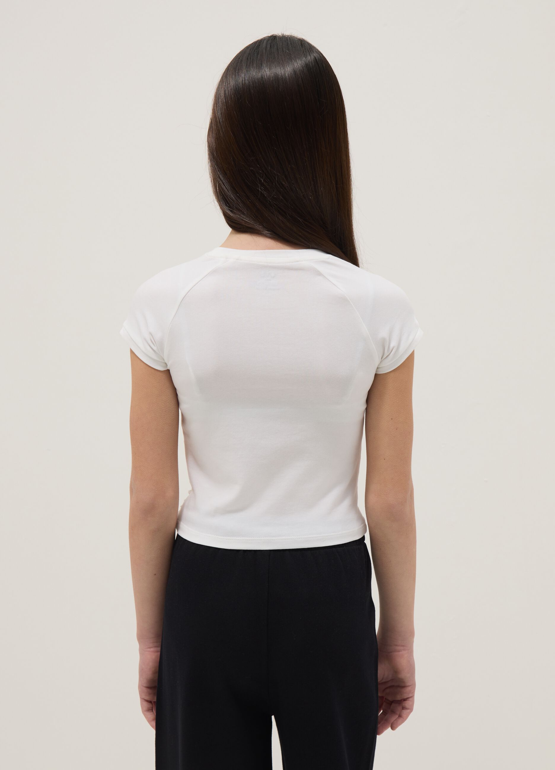 Girls' White Stretch Cotton Slim Fit T-shirt