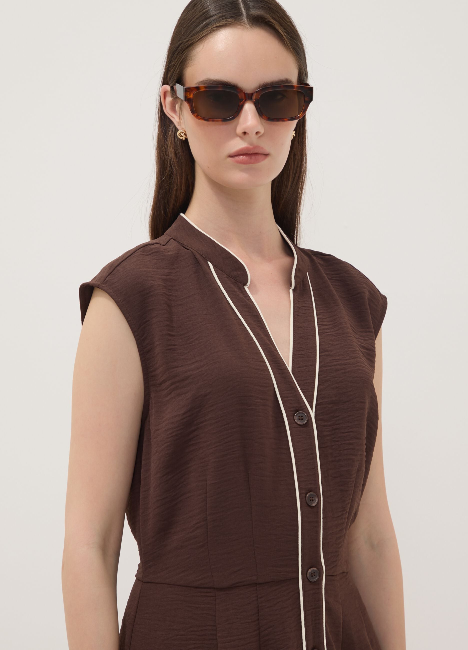 Long brown V-neck button-through dress, regular fit