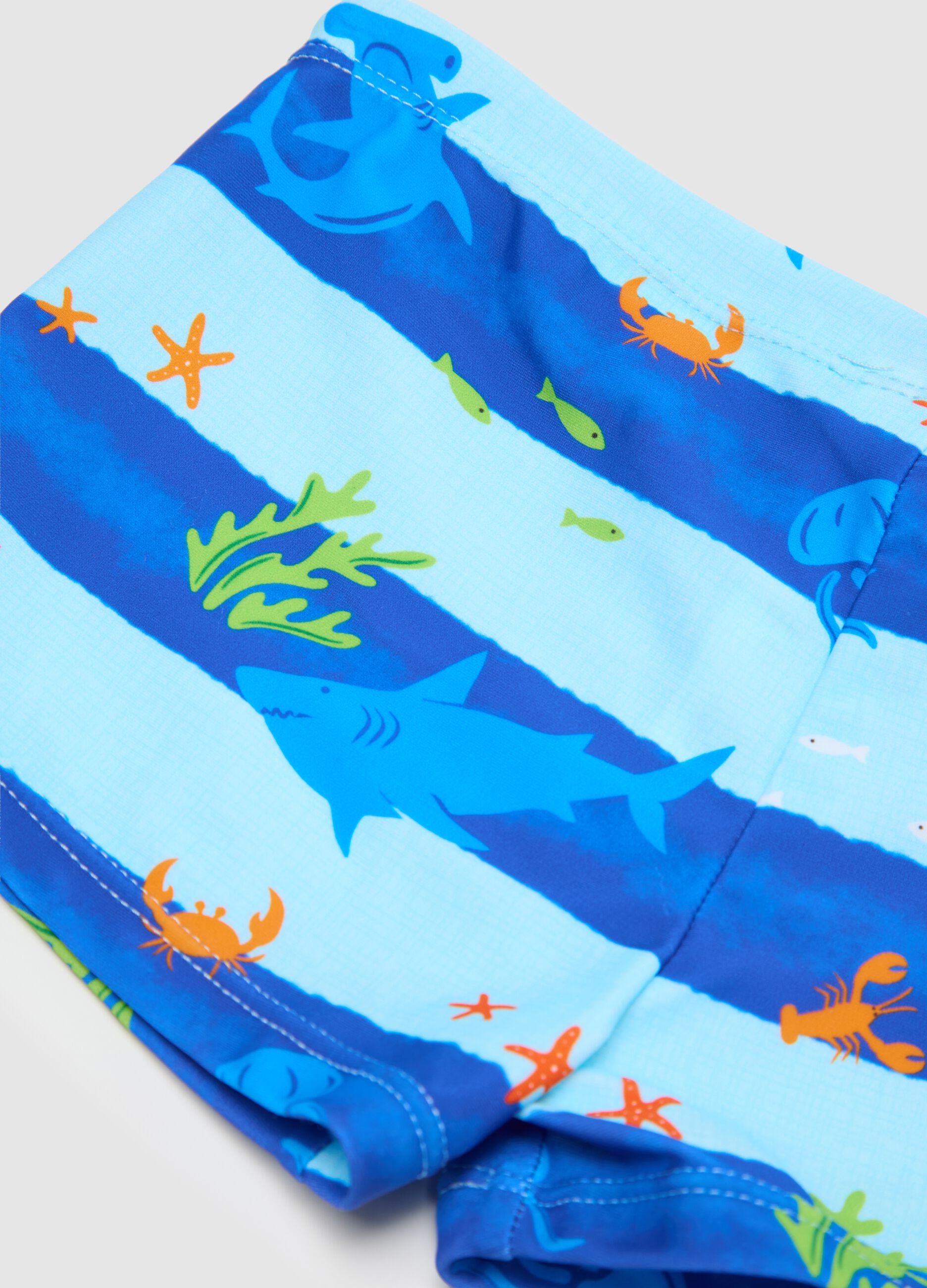 Striped Brief Swimsuit for Kids with Marine Print